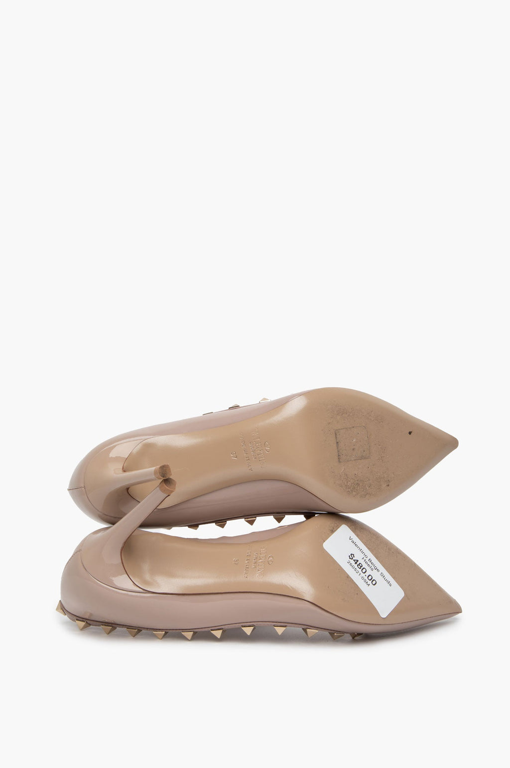 Valentino Beige Patent Leather Rockstud Pointed Toe Pumps Size 37
