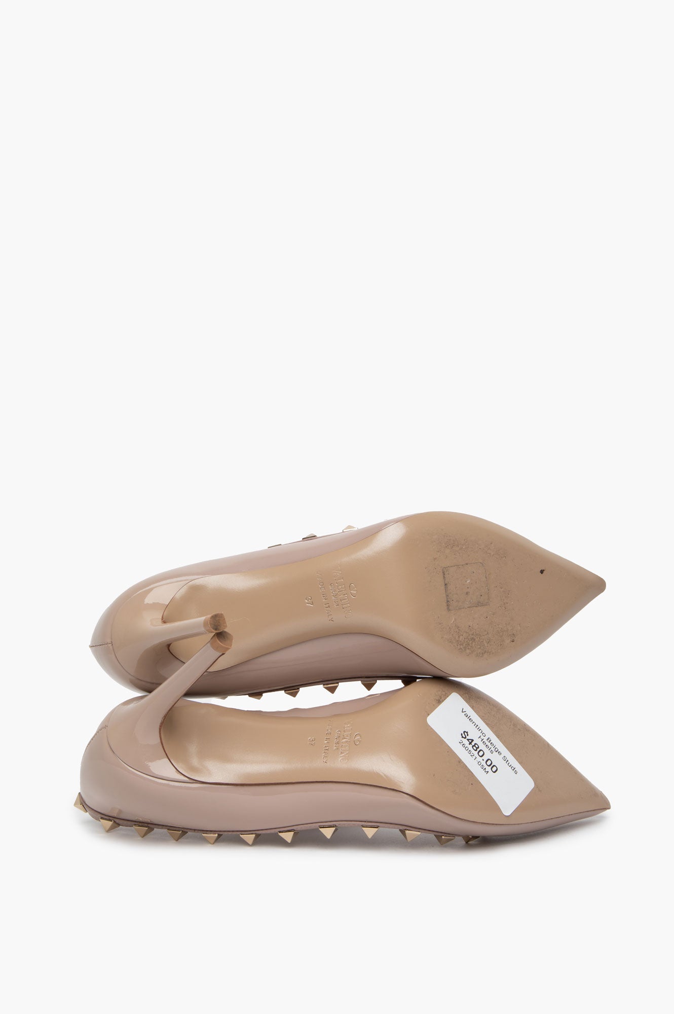 Valentino Beige Patent Leather Rockstud Pointed Toe Pumps Size 37