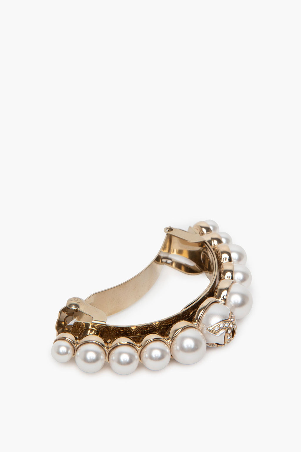 Chanel Crystal CC Logo Faux Pearl Gold Tone Pony Barette