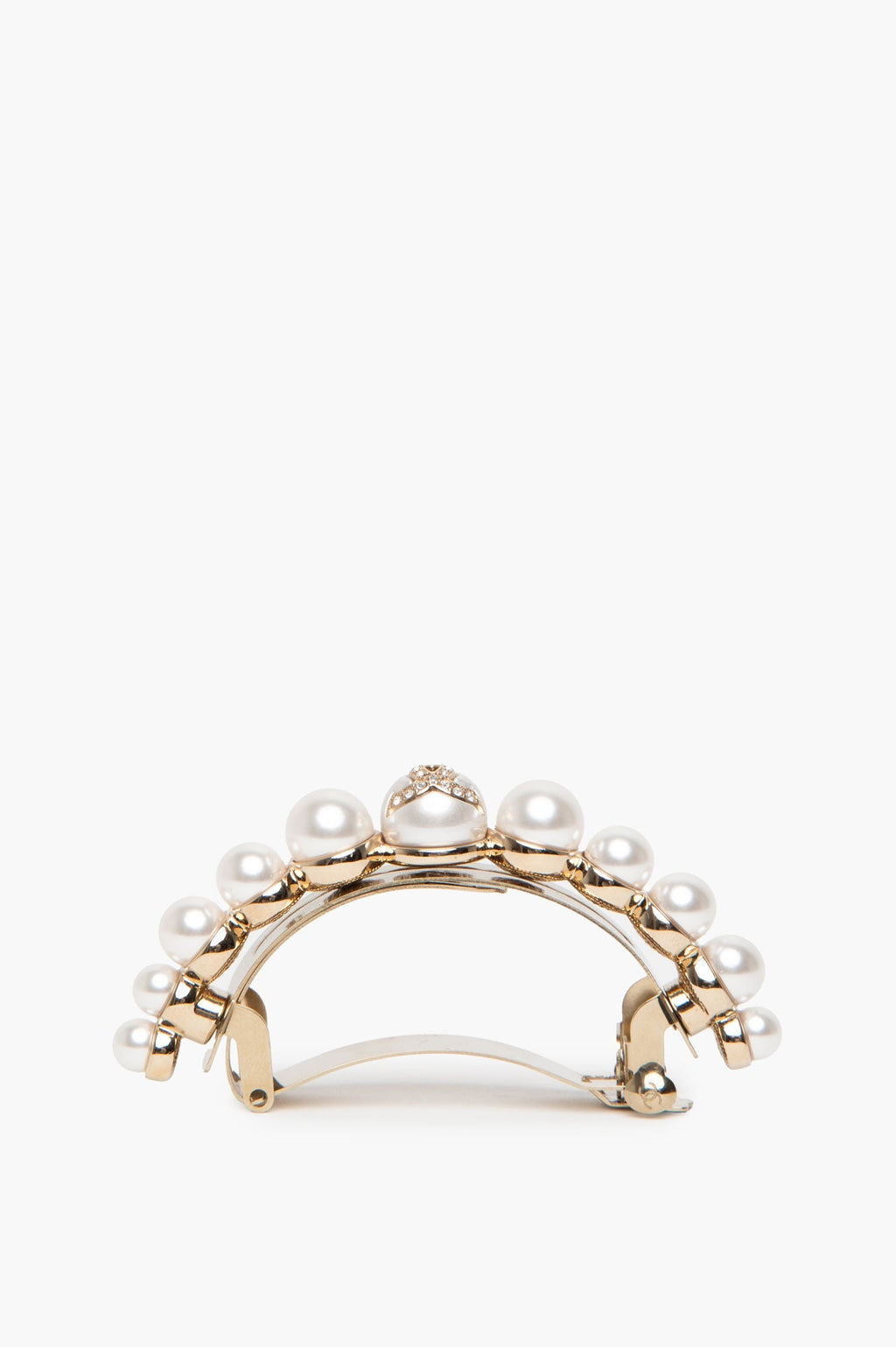 Chanel Crystal CC Logo Faux Pearl Gold Tone Pony Barette