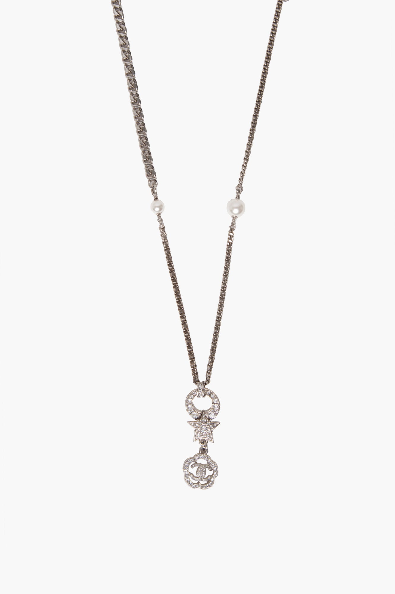 Chanel CC Logo Rhinestone Pearl Star Flower Necklace