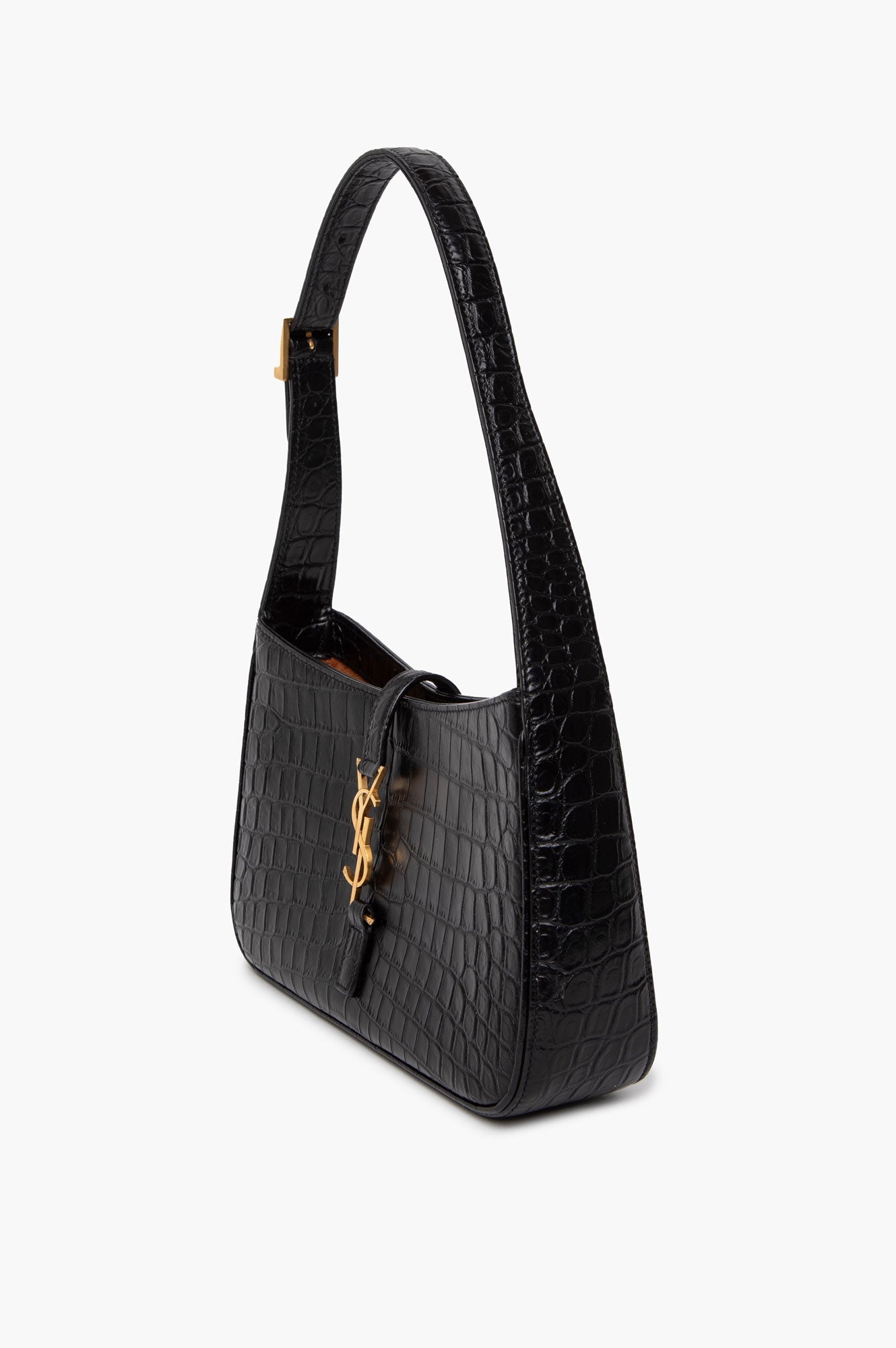 Saint Laurent Black Croc Embossed Shiny Leather Hobo Bag