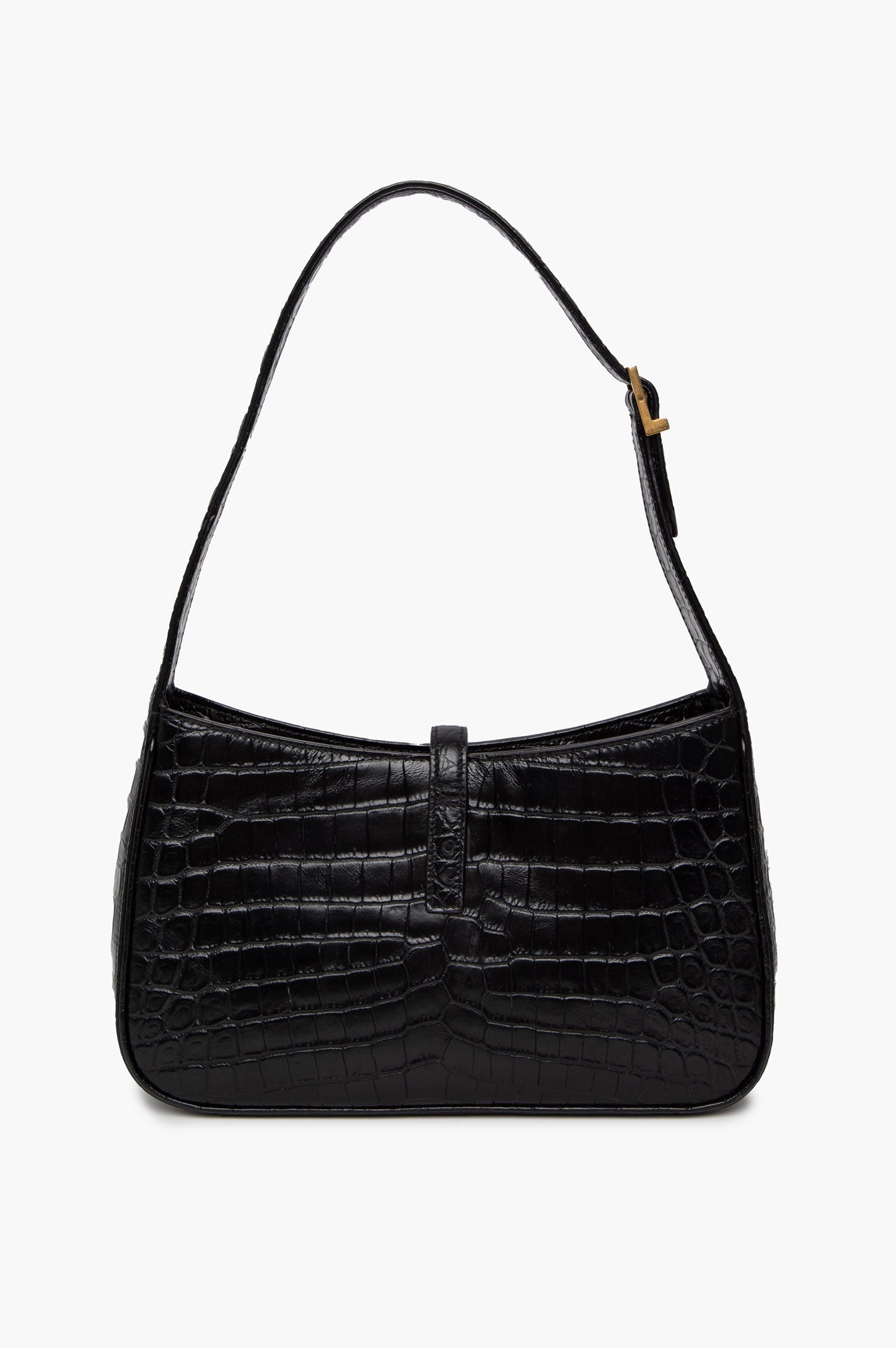 Saint Laurent Black Croc Embossed Shiny Leather Hobo Bag