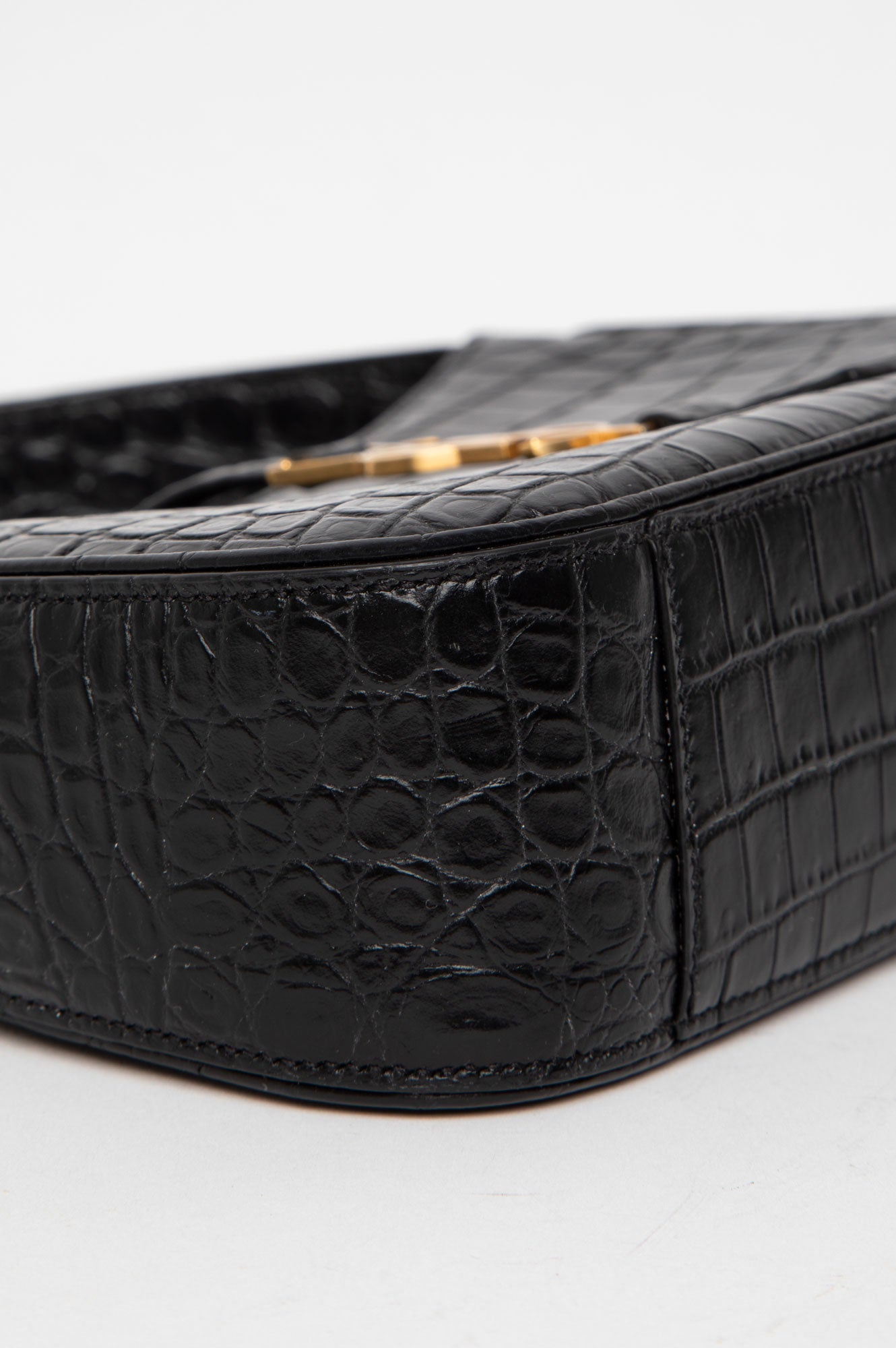 Saint Laurent Black Croc Embossed Shiny Leather Hobo Bag