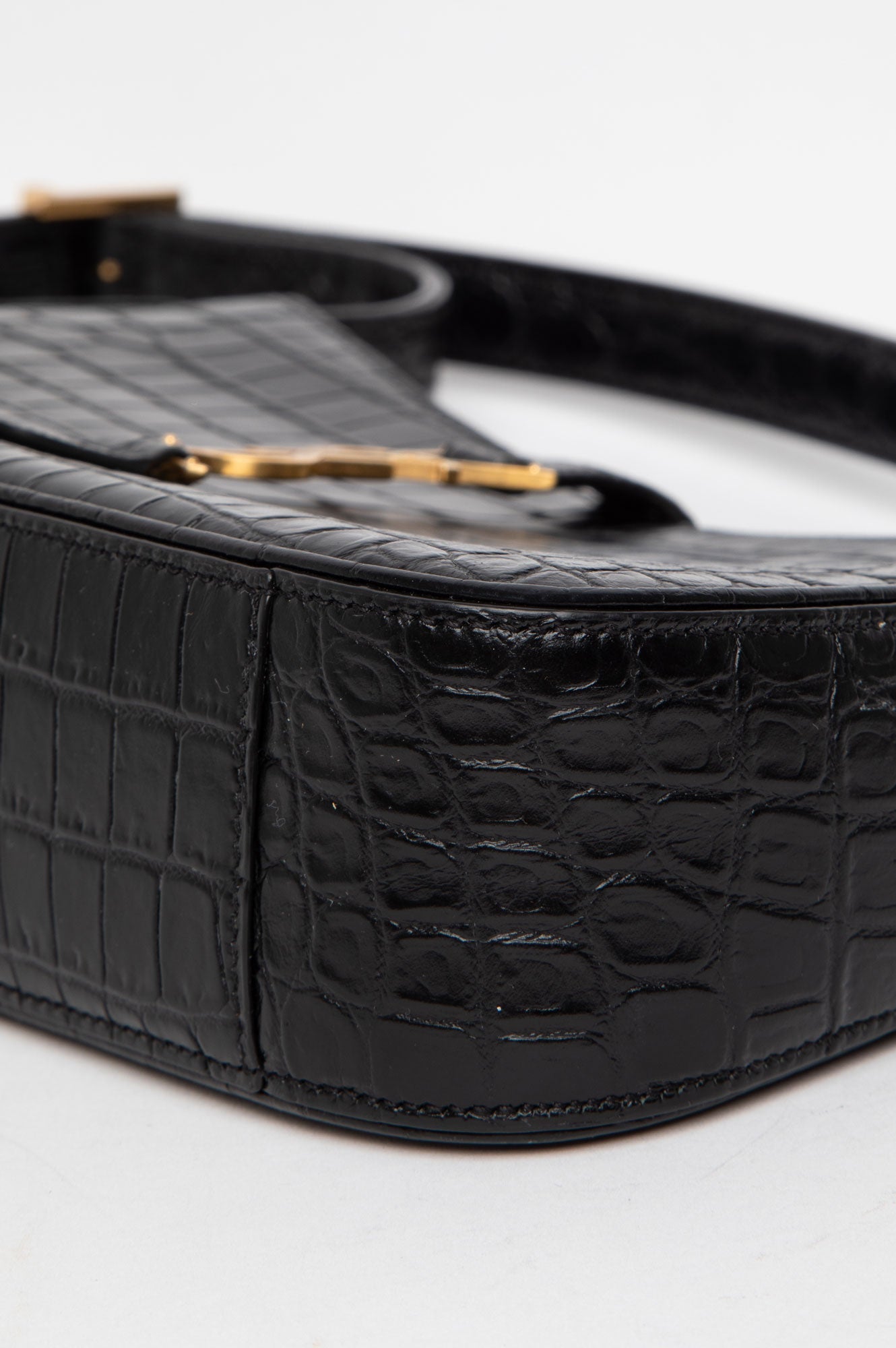 Saint Laurent Black Croc Embossed Shiny Leather Hobo Bag