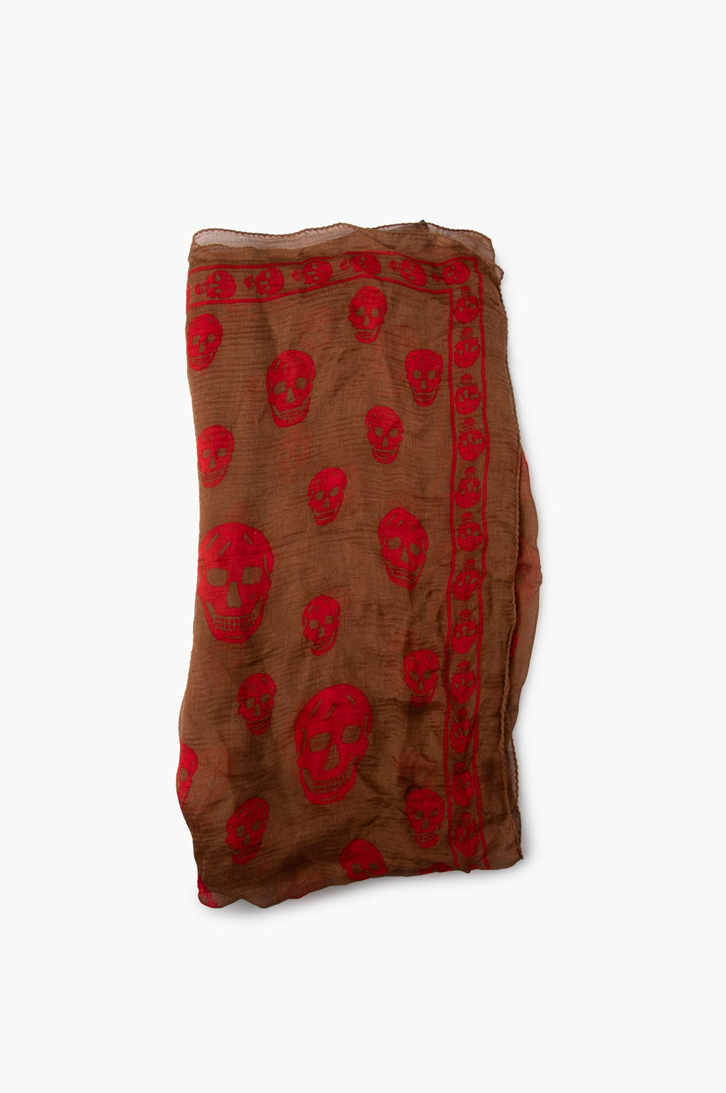 Alexander McQueen Brown With Red Skull Silk Scarf