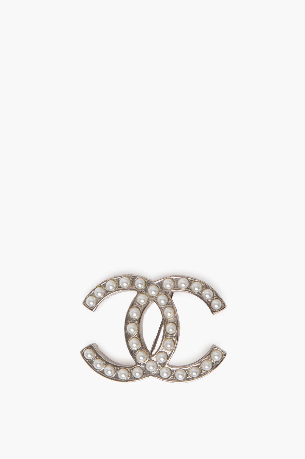 Chanel Classic Silver CC Pearl Brooch