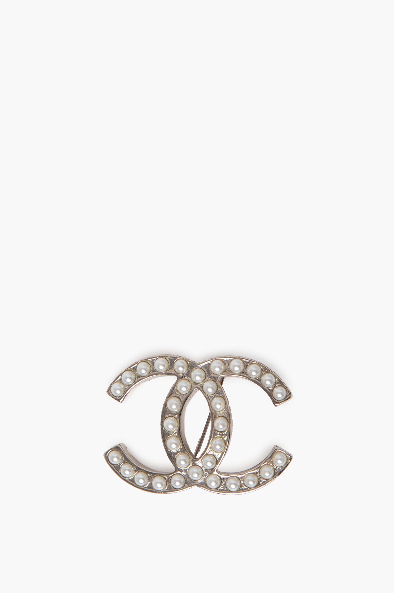Chanel Classic Silver CC Pearl Brooch