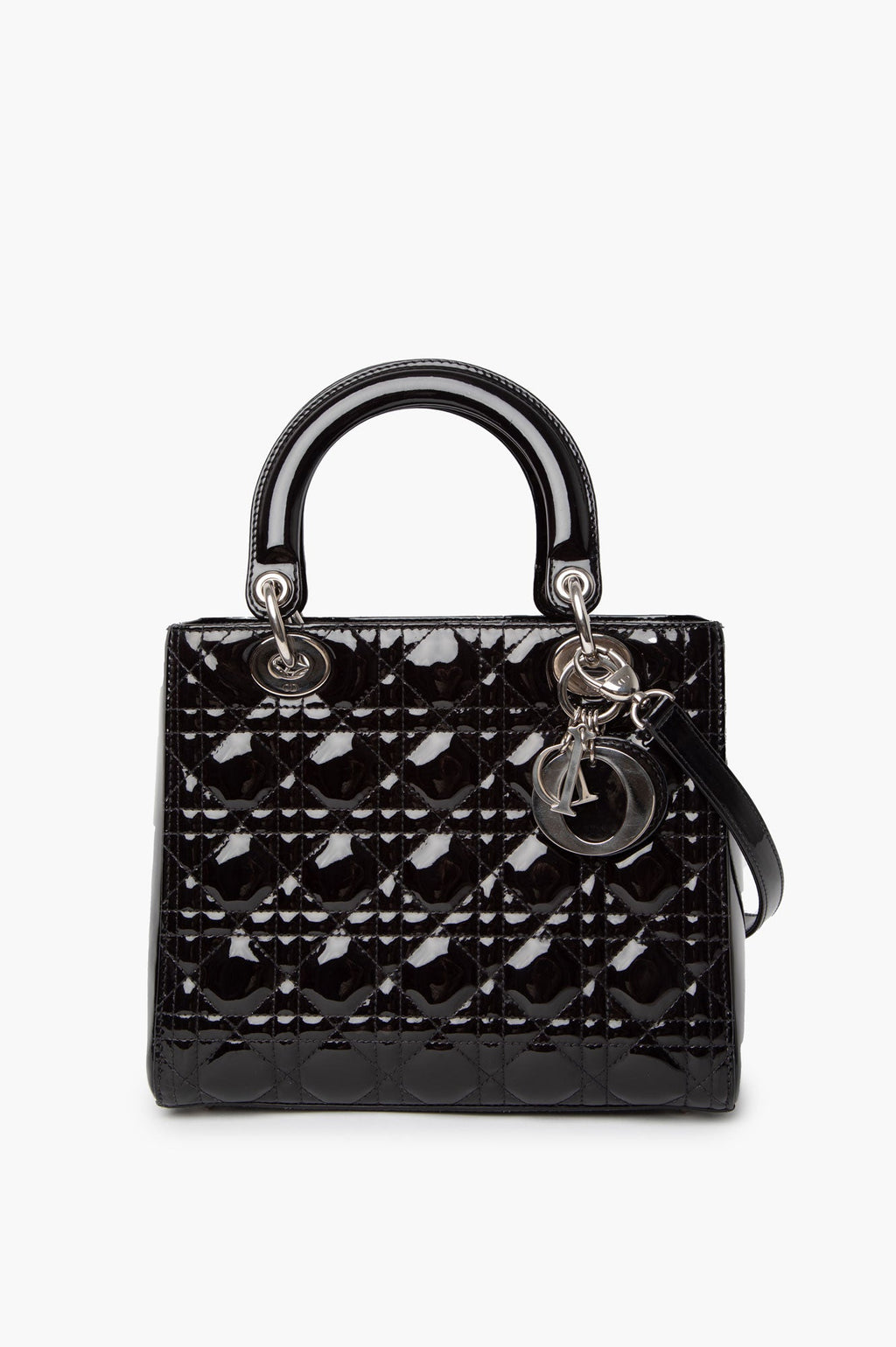 Christian Dior Lady Dior Medium Patent Leather Silver Hardware Handbag
