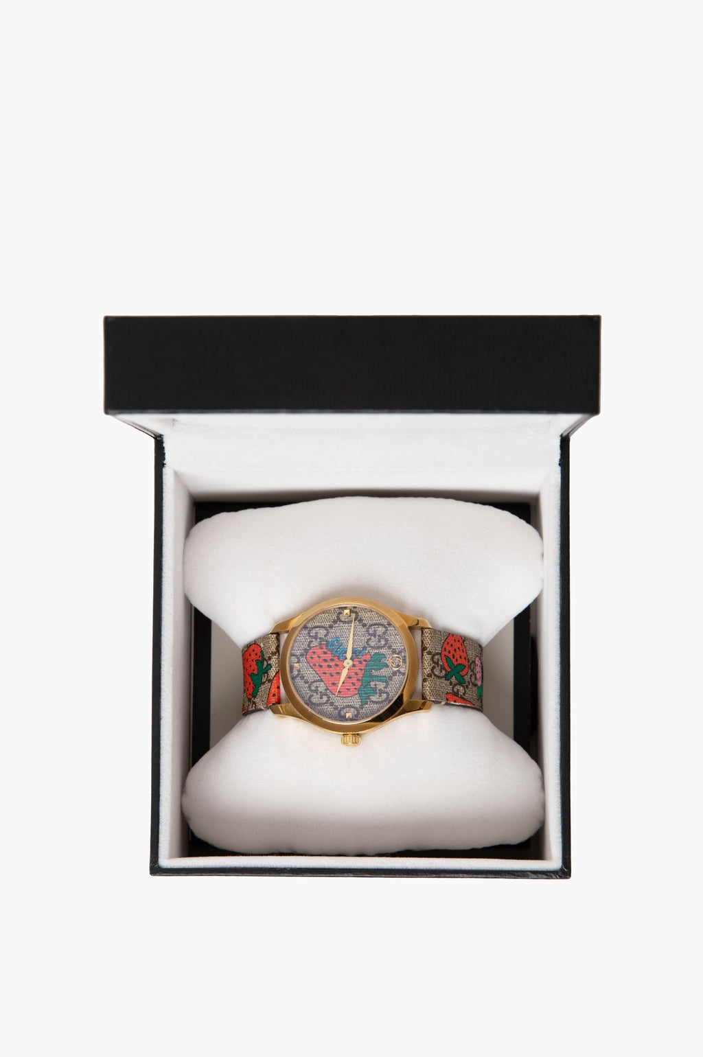 Gucci G-Timeless Strawberry Leather Strap Women's Watch