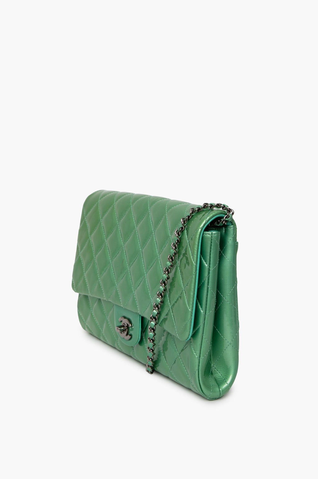 Chanel Green Quilted Patent Leather Single Flap Bag