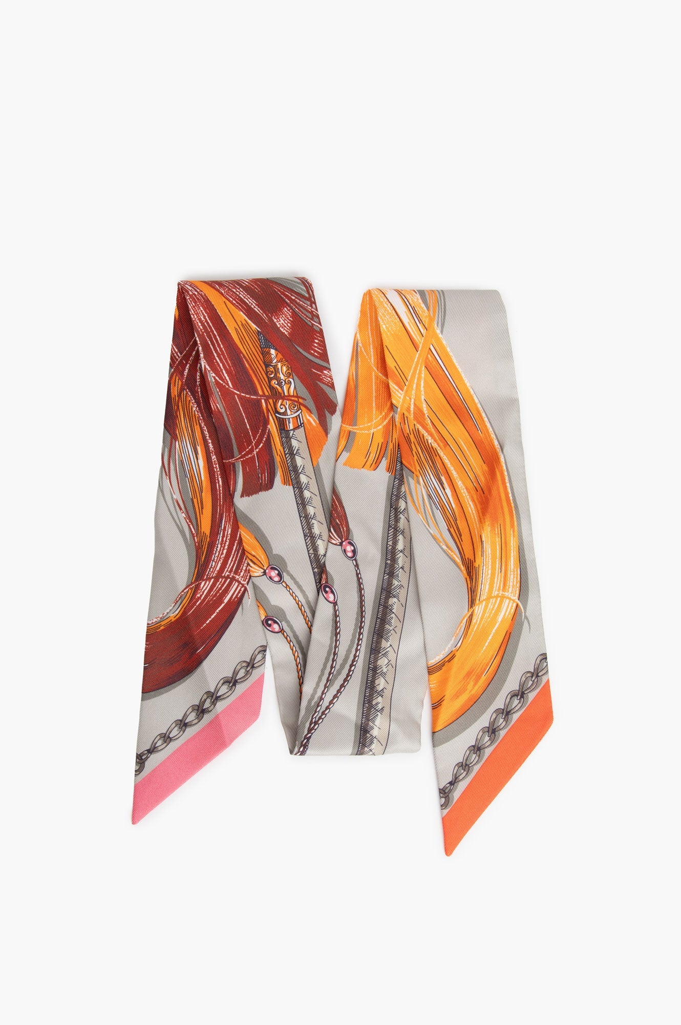 Hermes Cavalcades Grey Orange Silk Twilly
