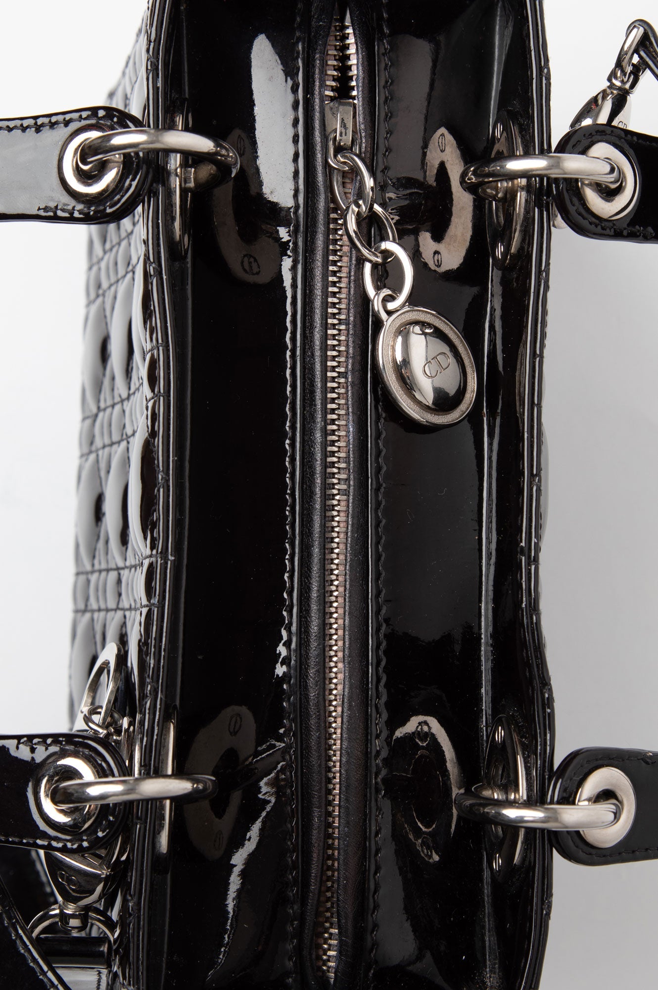 Christian Dior Lady Dior Medium Patent Leather Silver Hardware Handbag