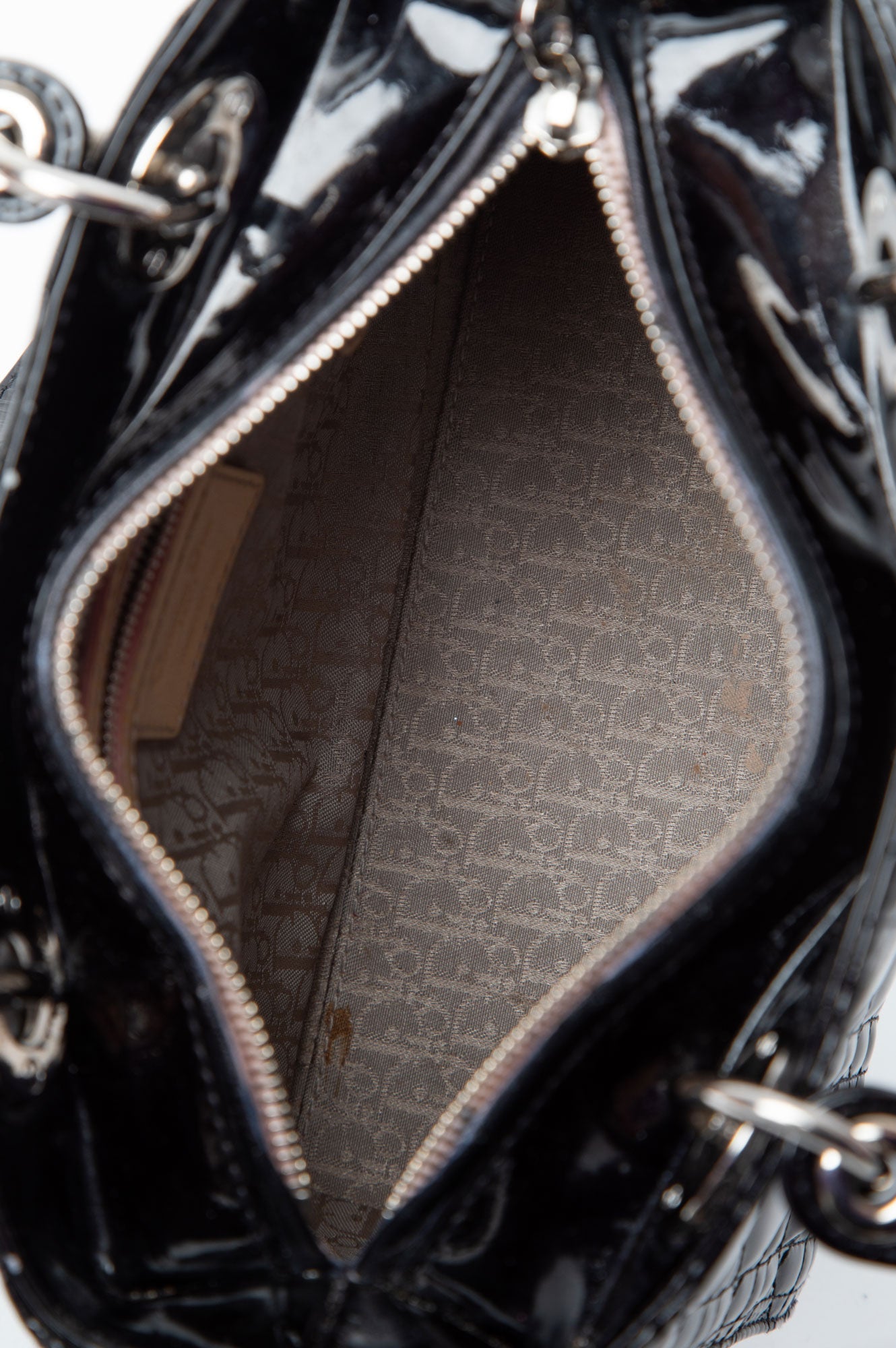 Christian Dior Lady Dior Medium Patent Leather Silver Hardware Handbag