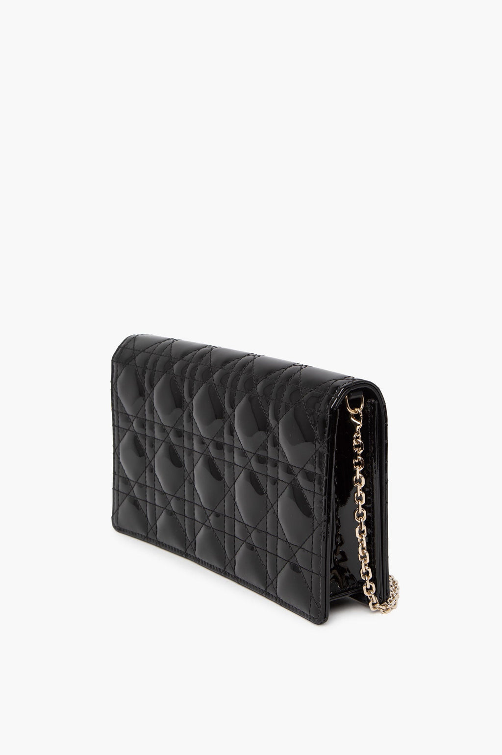 Christian Dior Black Patent Lady Dior Pouch With Chain