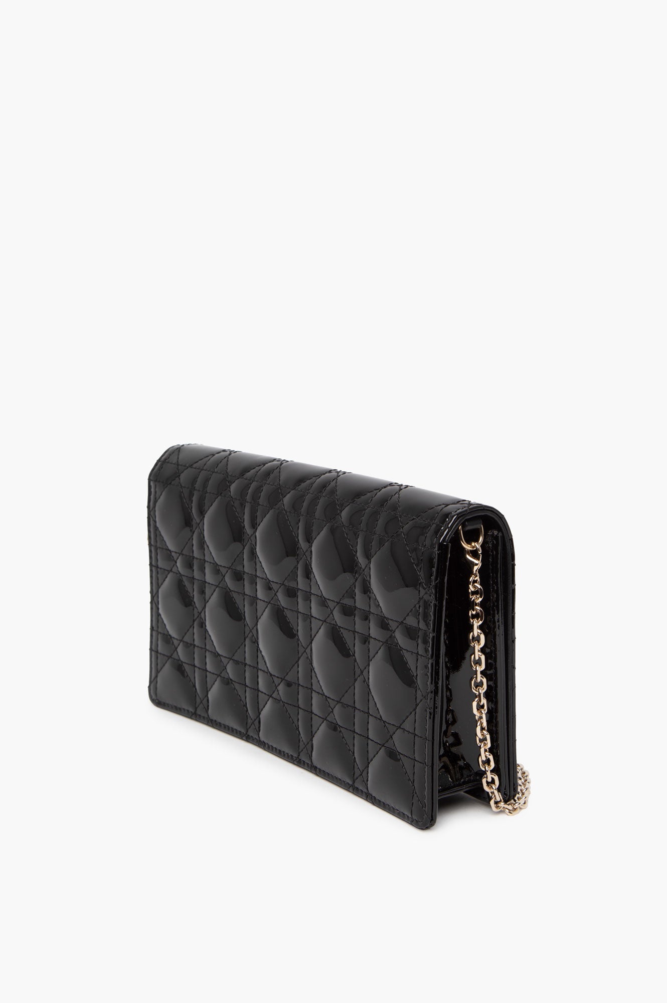 Christian Dior Black Patent Lady Dior Pouch With Chain