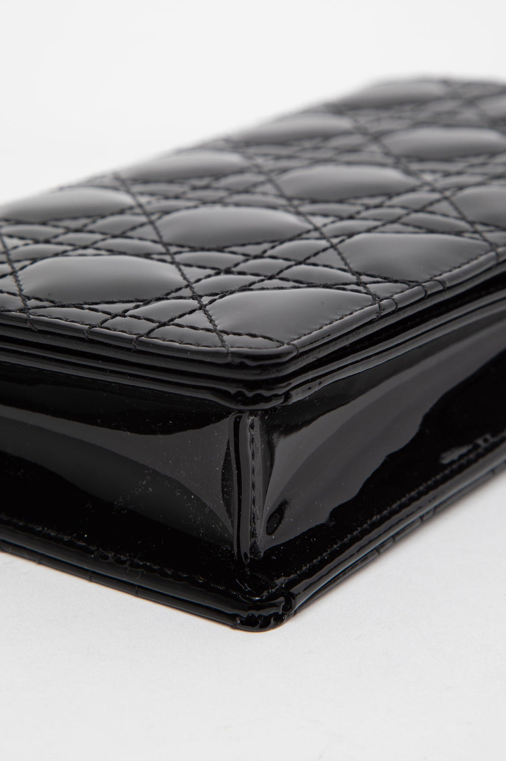 Christian Dior Black Patent Lady Dior Pouch With Chain