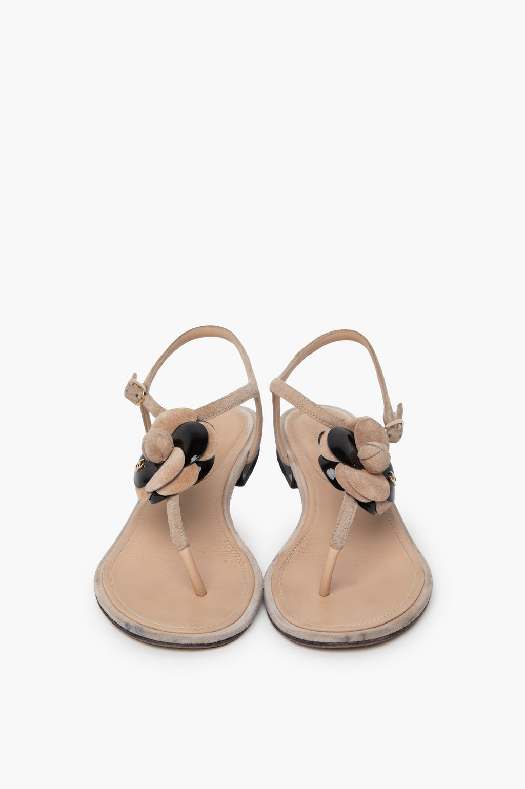 Chanel Beige/Black Camellia Flower Sandals 37.5