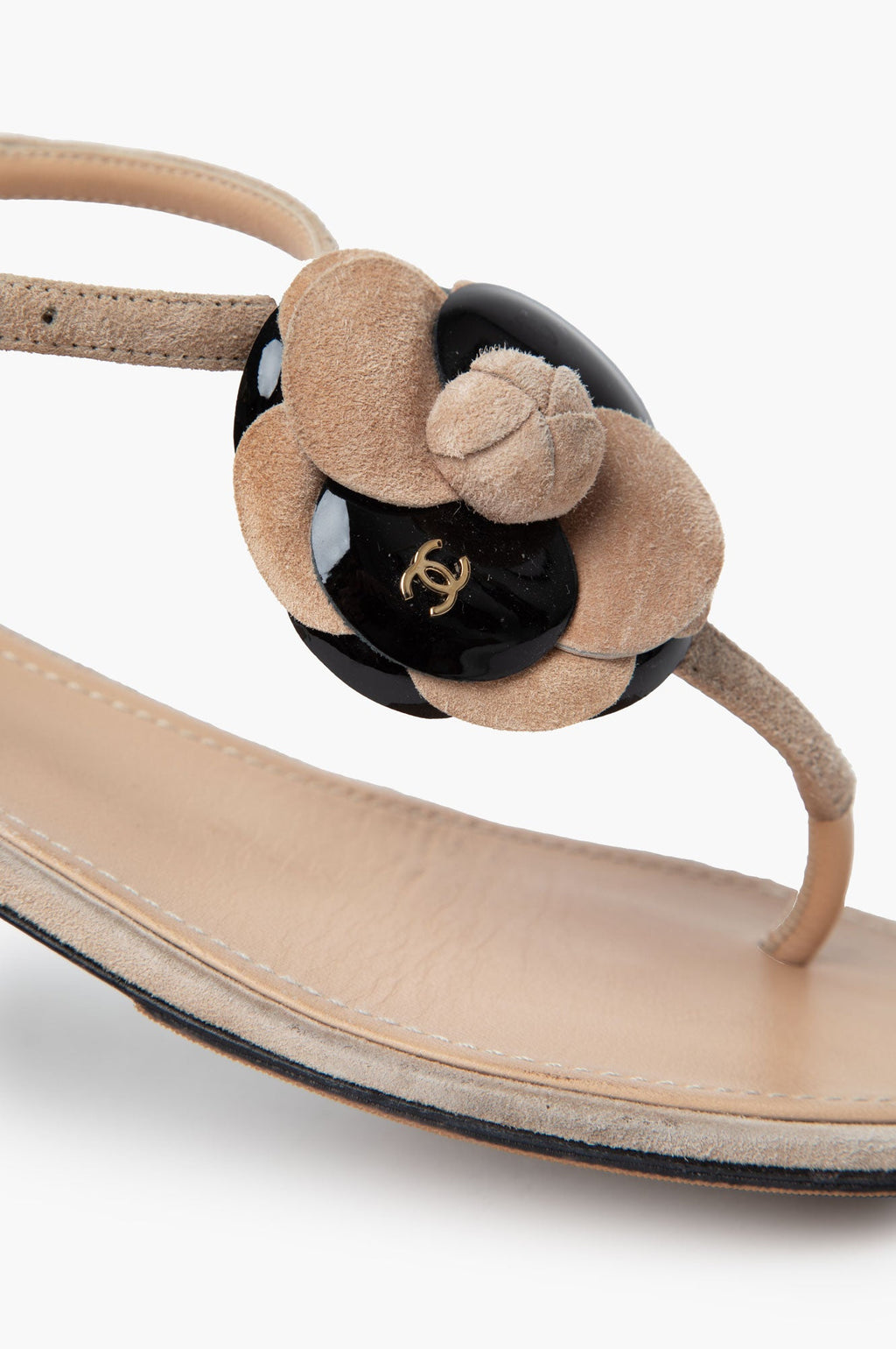 Chanel Beige/Black Camellia Flower Sandals 37.5