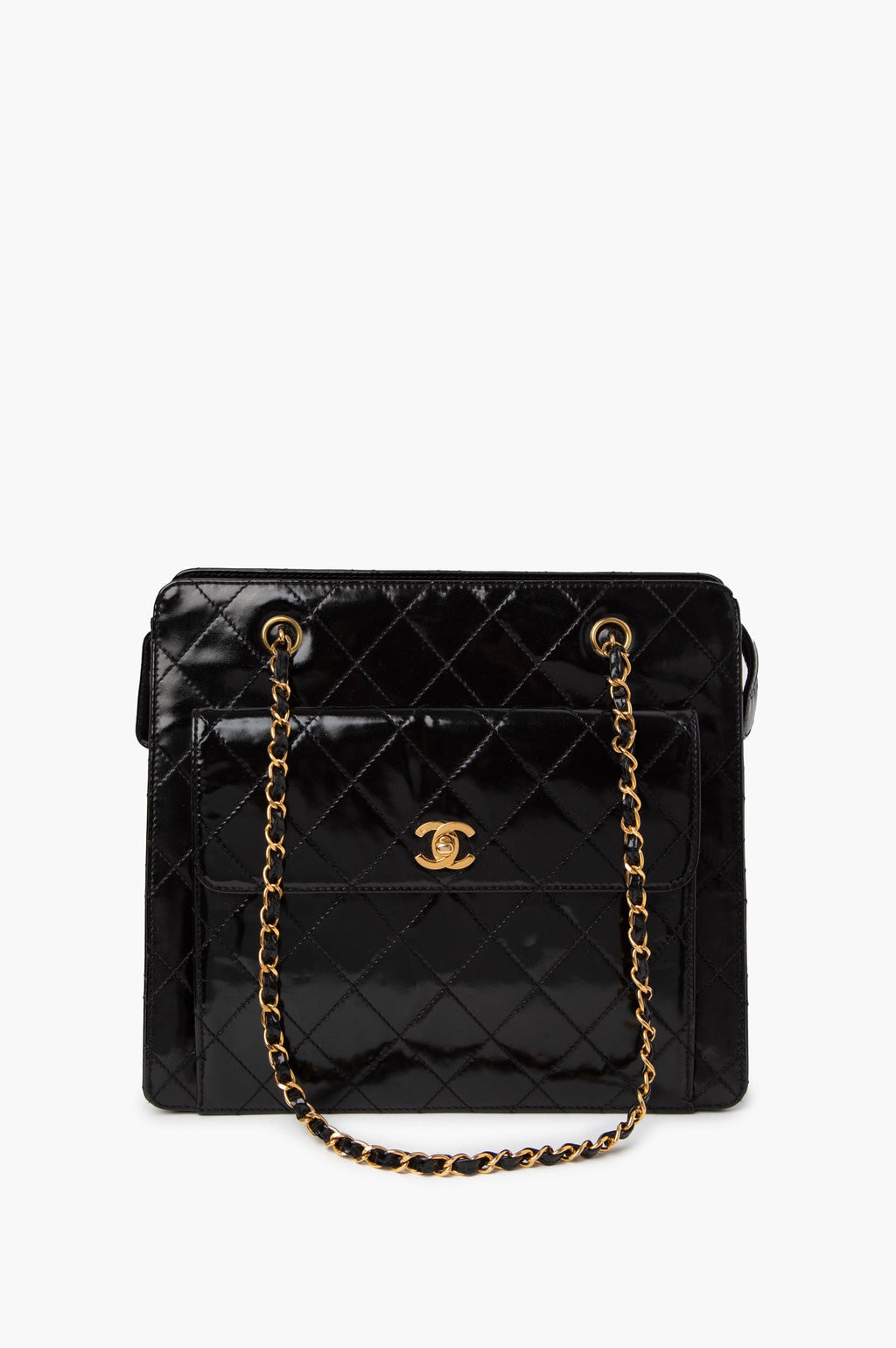 Chanel Black Patent Leather Quilted Shopping Tote