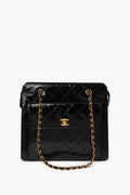 Chanel Black Patent Leather Quilted Shopping Tote