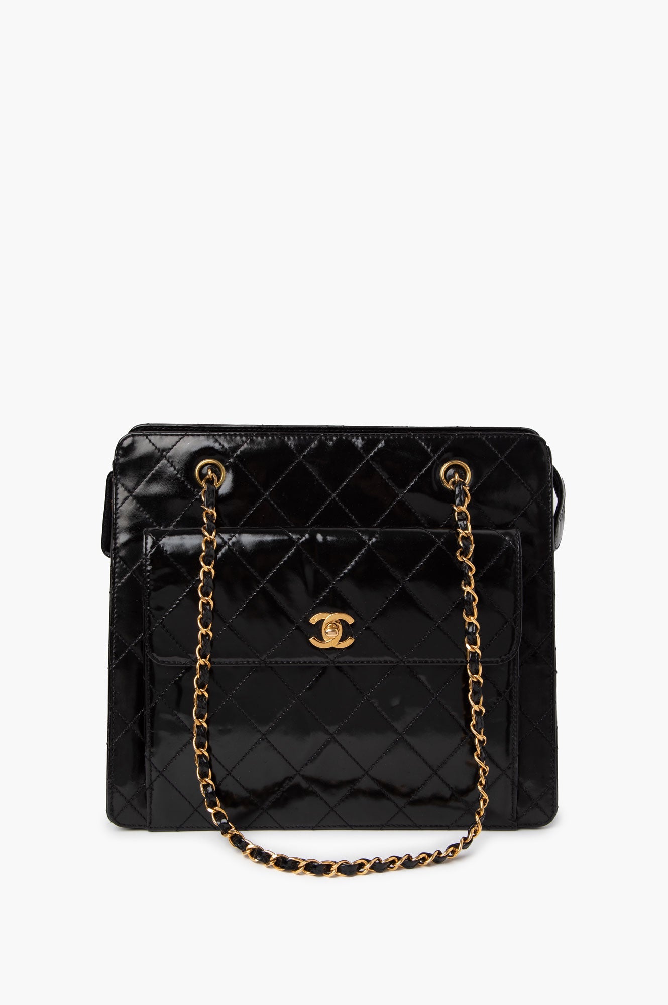 Chanel Black Patent Leather Quilted Shopping Tote