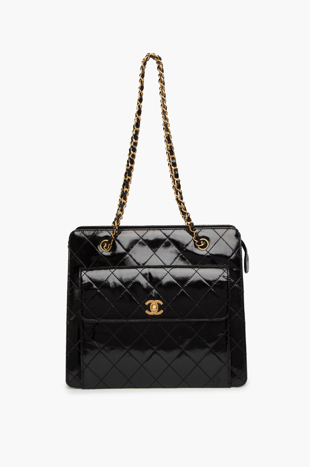 Chanel Black Patent Leather Quilted Shopping Tote