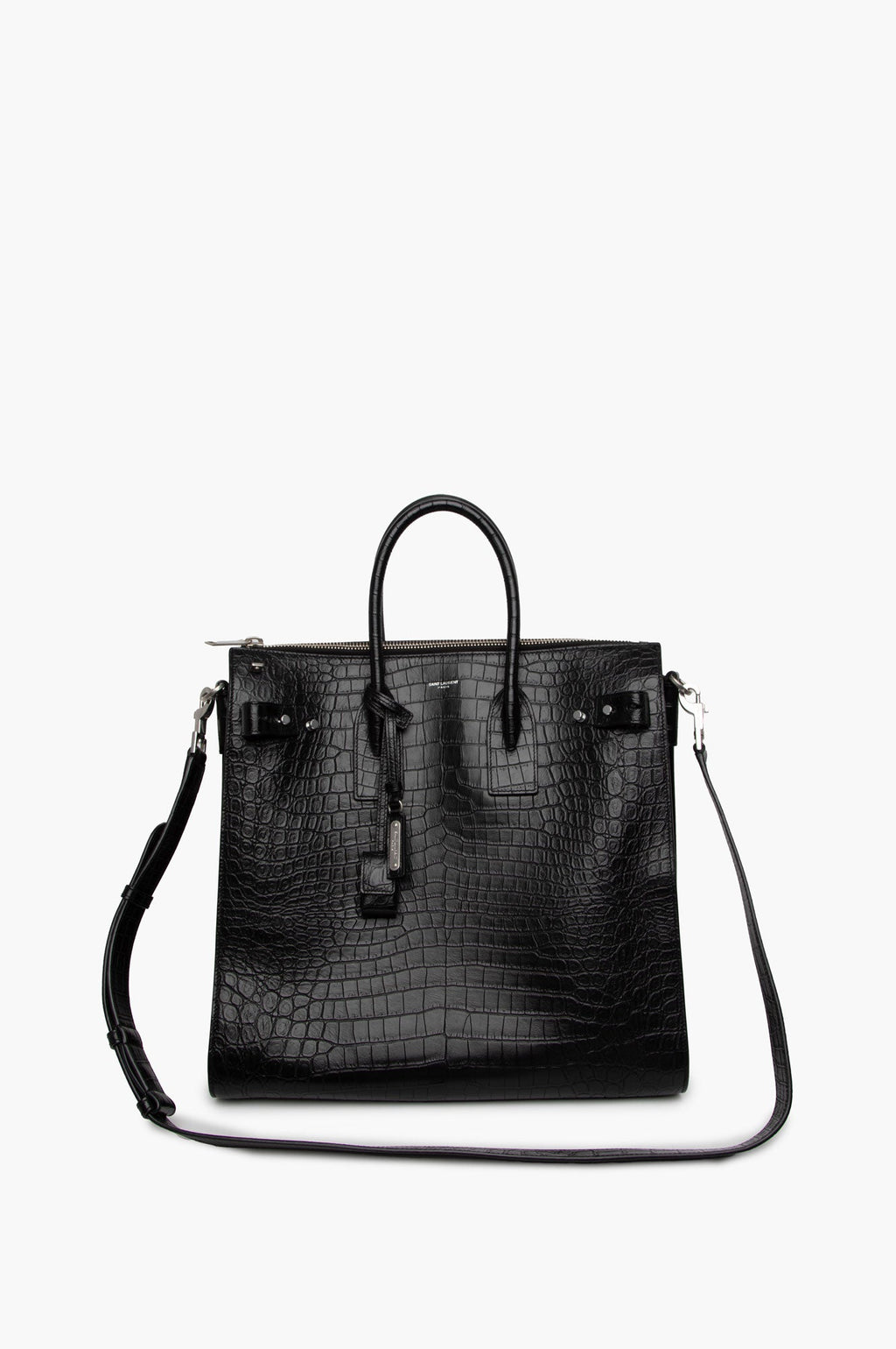 Saint Laurent Black Calfskin  Croc Embossed Tote Bag