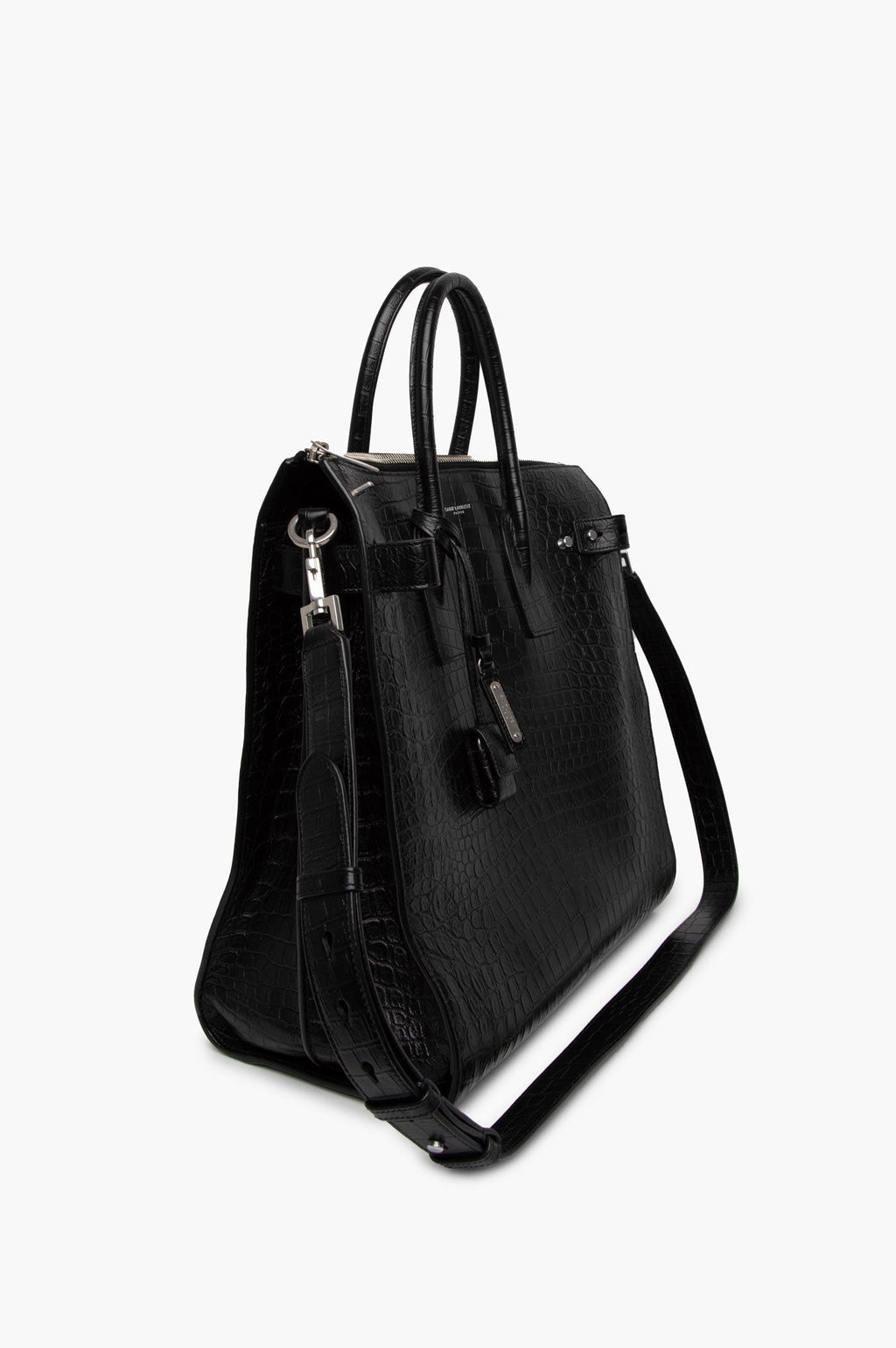 Saint Laurent Black Calfskin  Croc Embossed Tote Bag