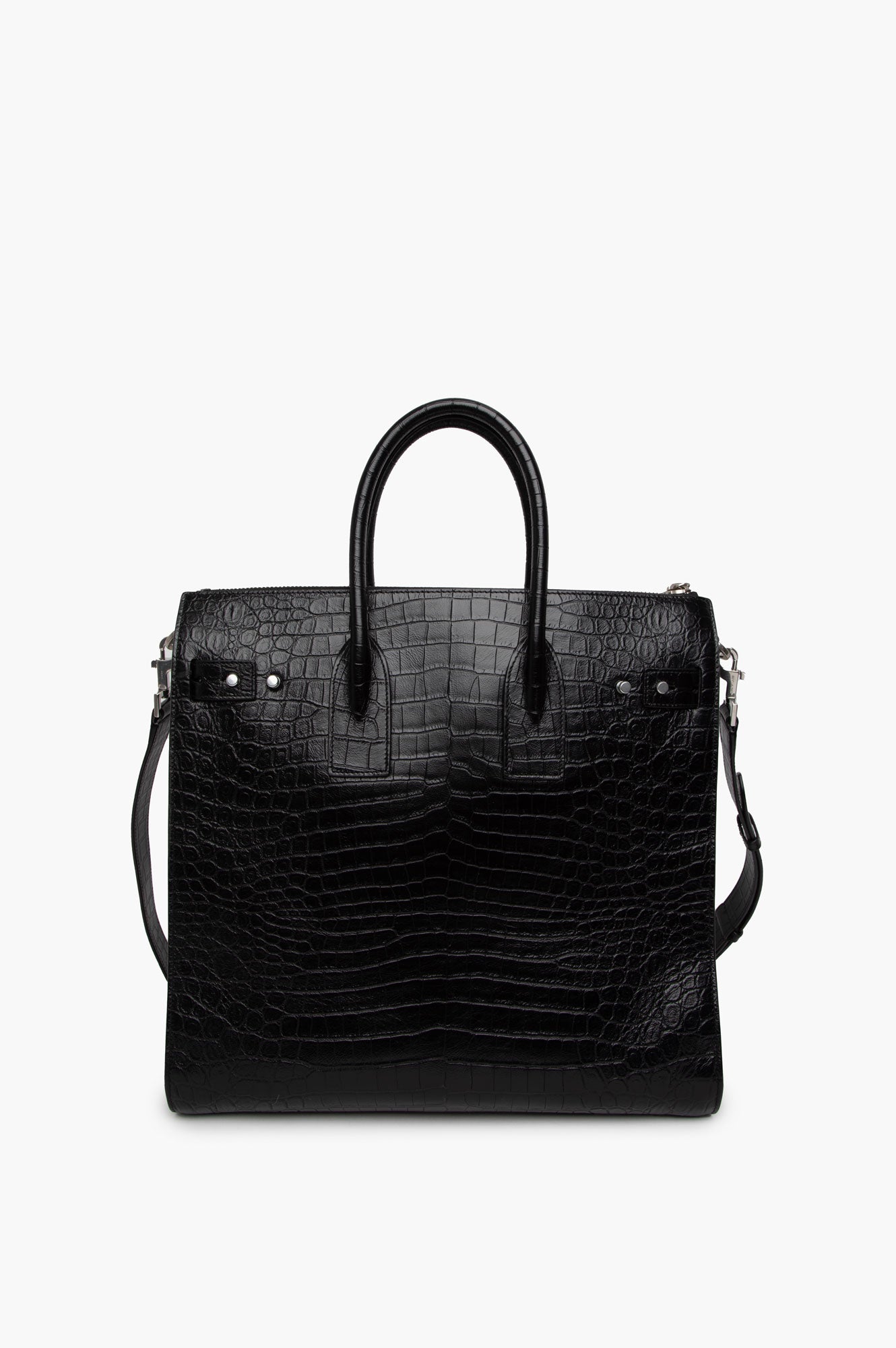 Saint Laurent Black Calfskin  Croc Embossed Tote Bag