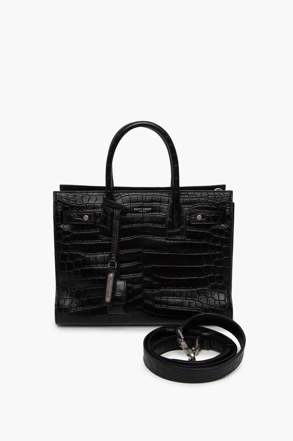 Saint Laurent Black Croc Embossed Sac De Jour Bag