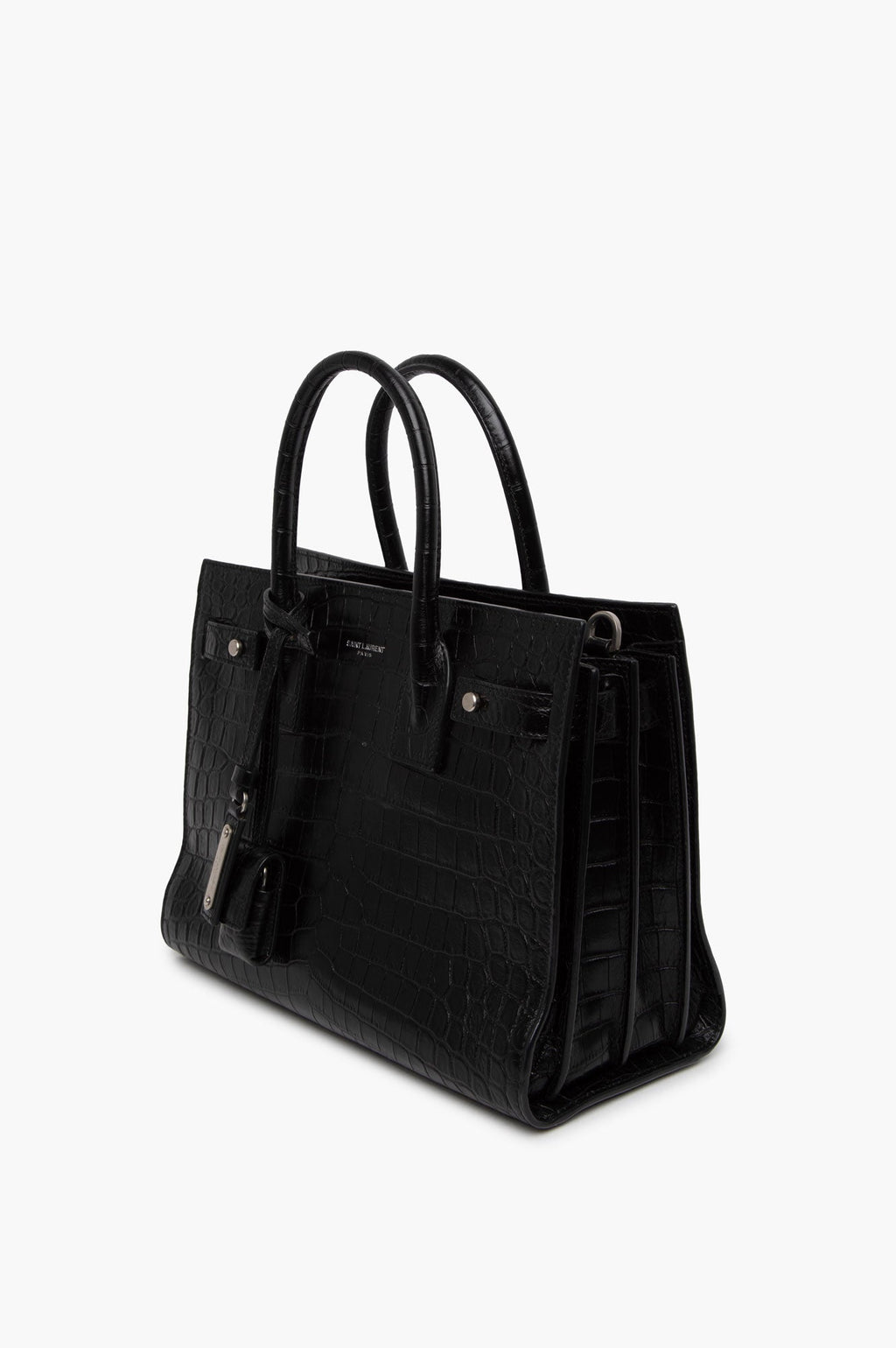 Saint Laurent Black Croc Embossed Sac De Jour Bag