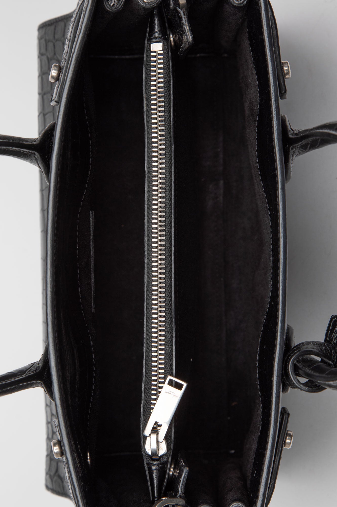 Saint Laurent Black Croc Embossed Sac De Jour Bag