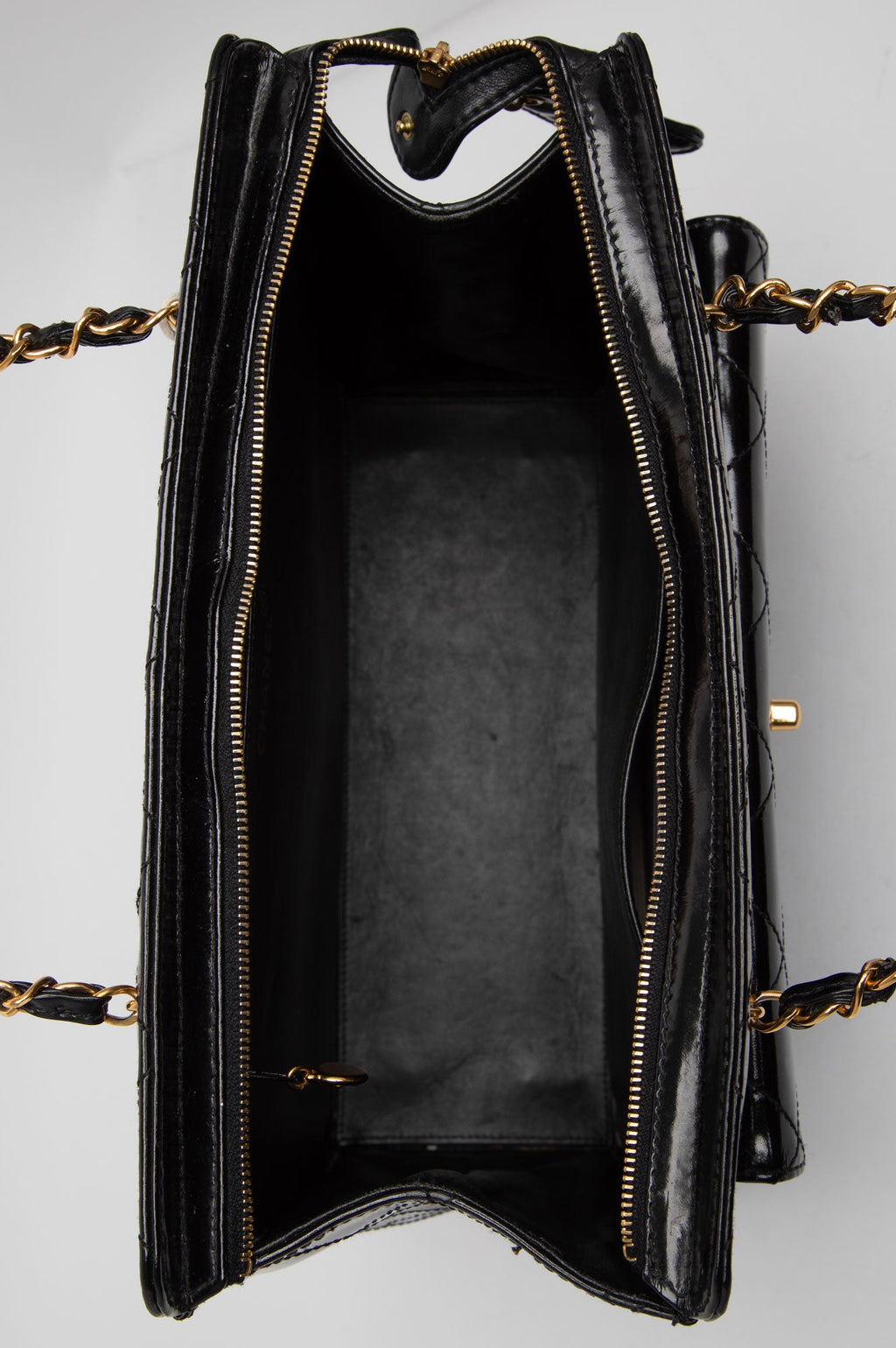 Chanel Black Patent Leather Quilted Shopping Tote