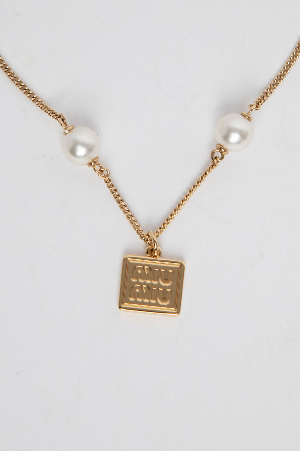Miu Miu Gold Logo With Pearl Necklace