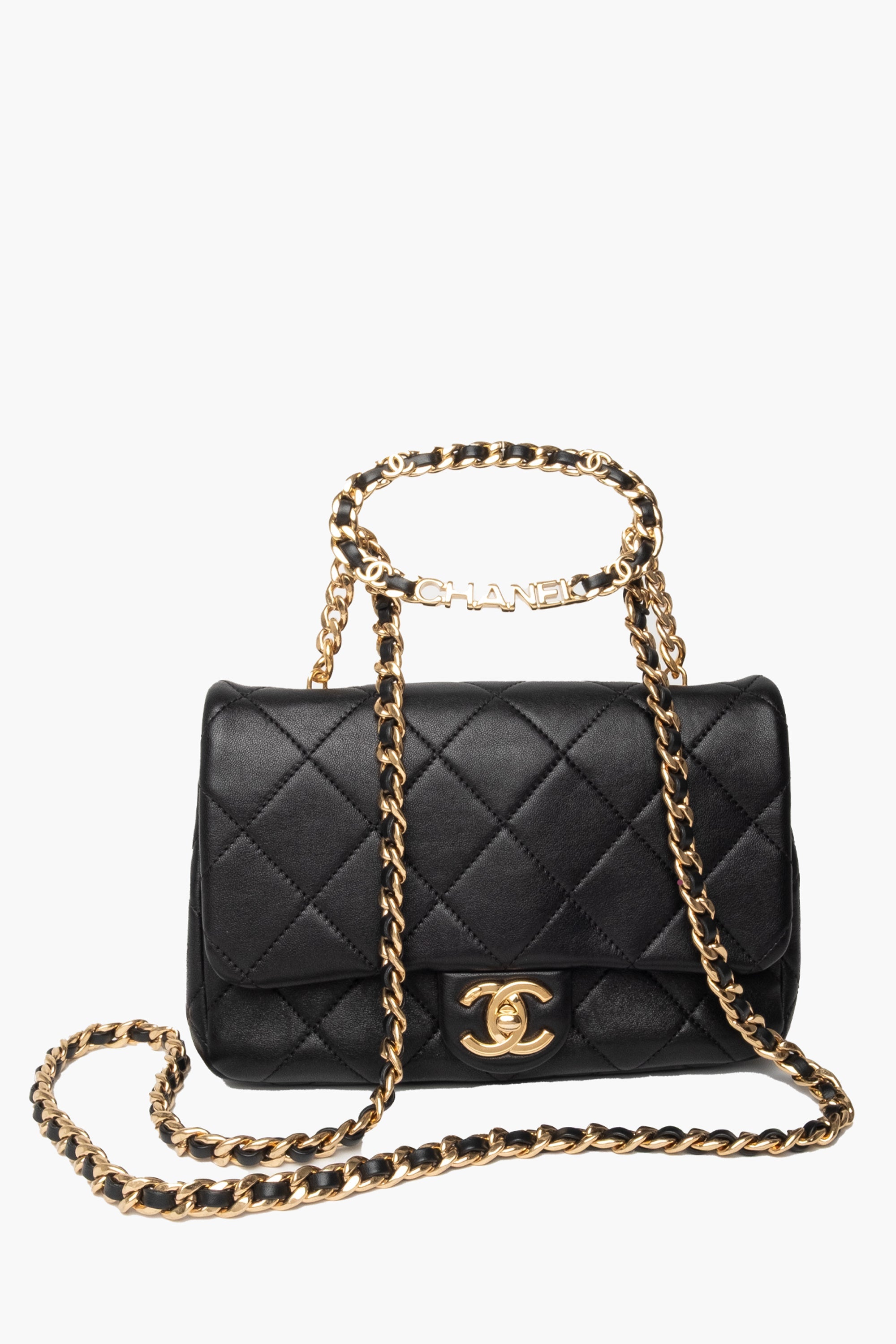 Chanel Black 23C Round Top Handle Mini Flap Bag