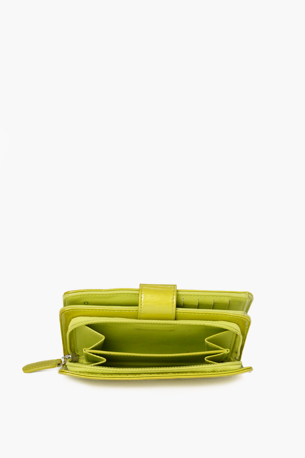 Chanel Camellia Embossed Chartreuse Pearl Patent Wallet