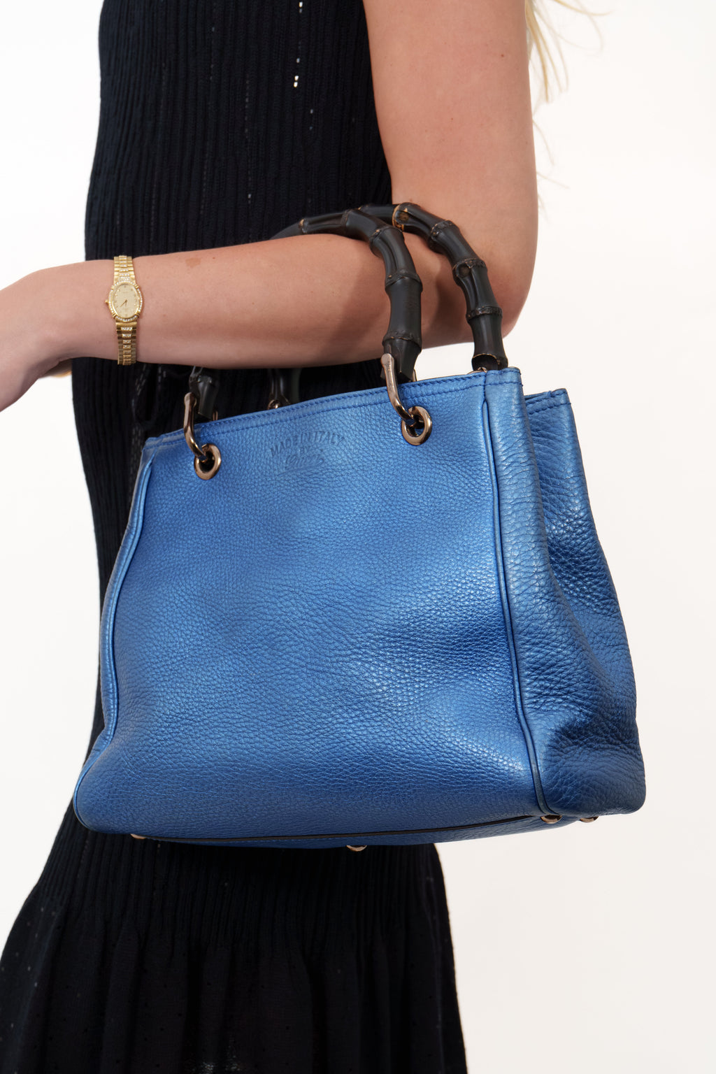 Gucci Metallic Blue Bag Medium Shopper Tote With Strap