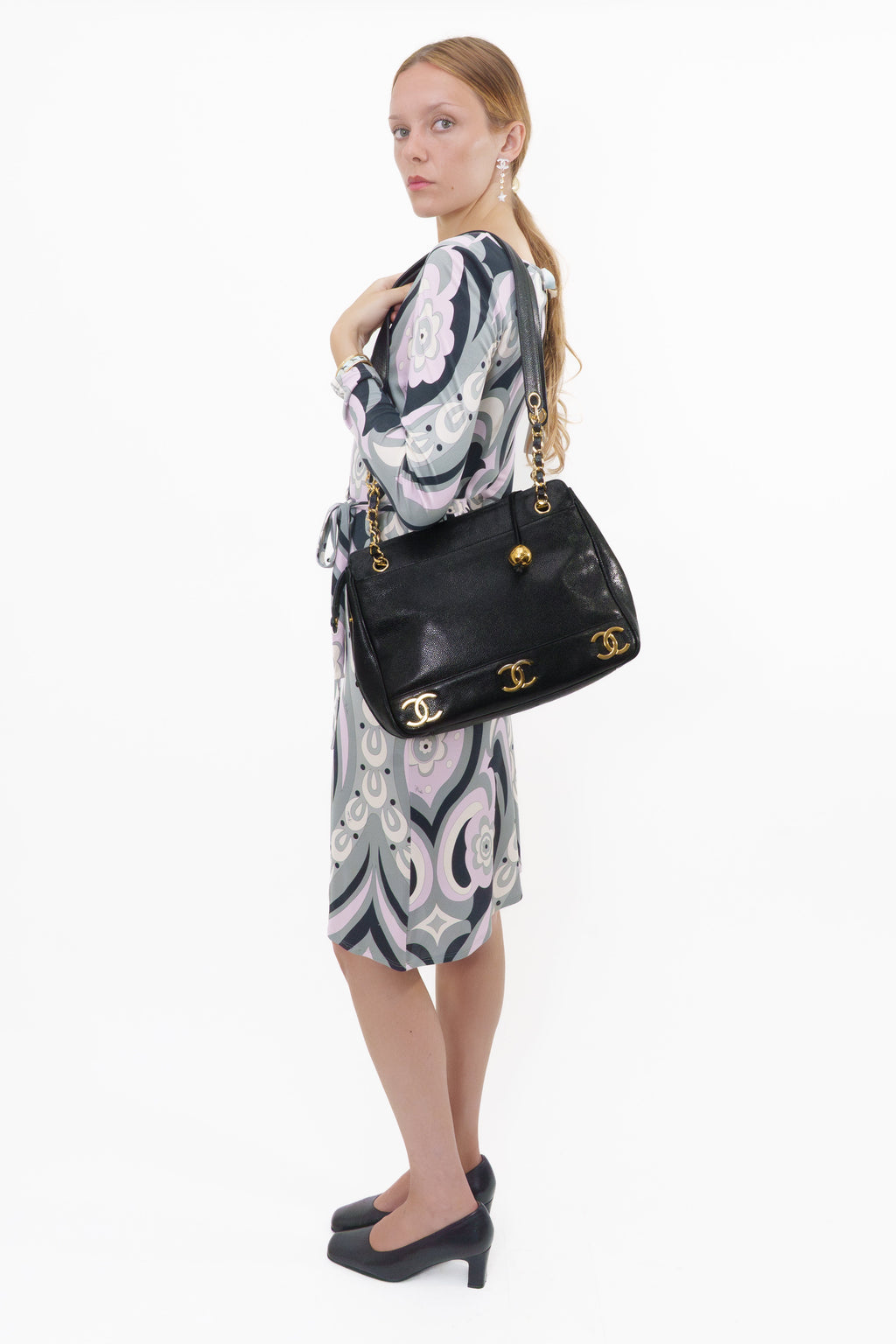 Chanel Black Caviar Triple CC Logo Tote Bag