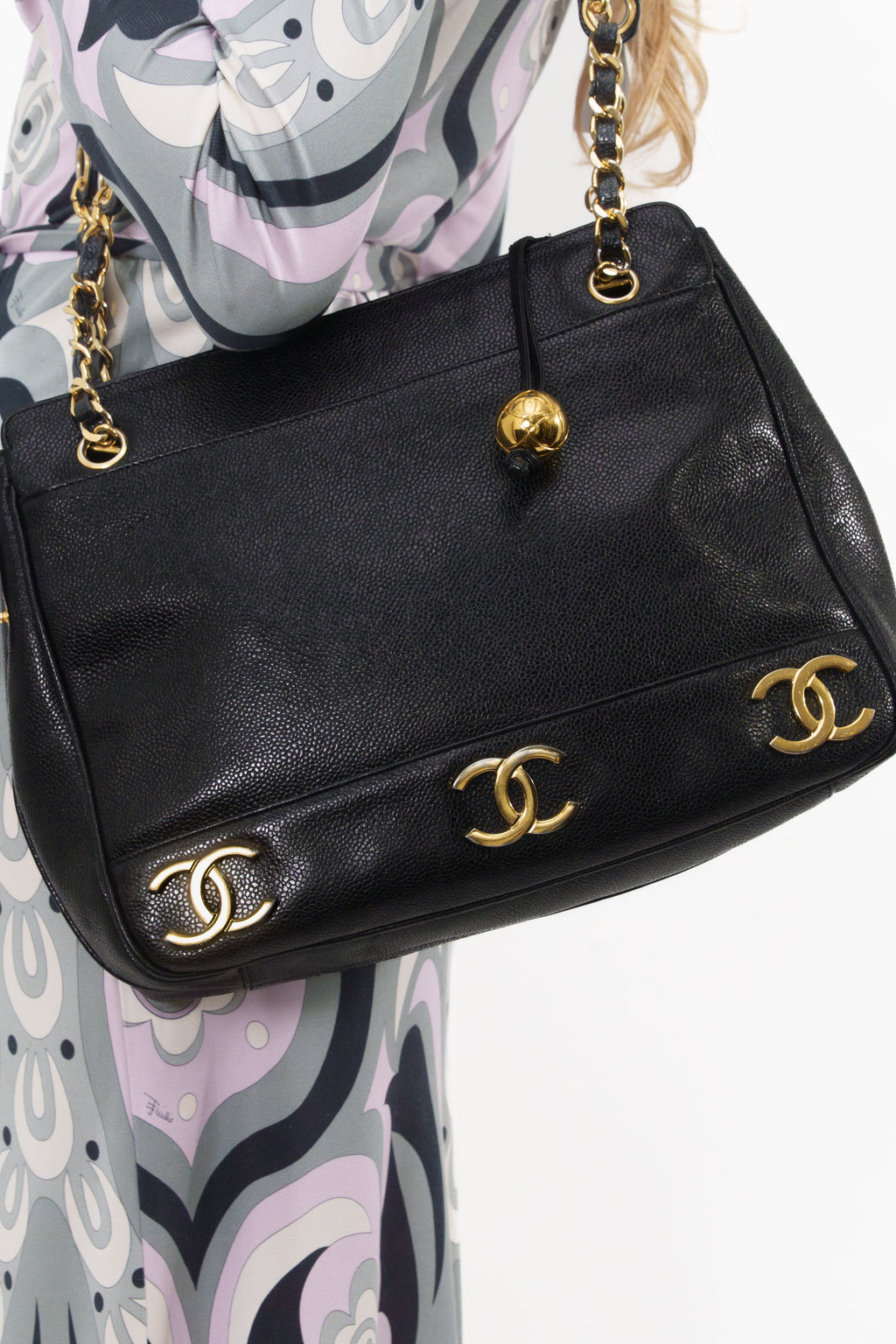 Chanel Black Caviar Triple CC Logo Tote Bag