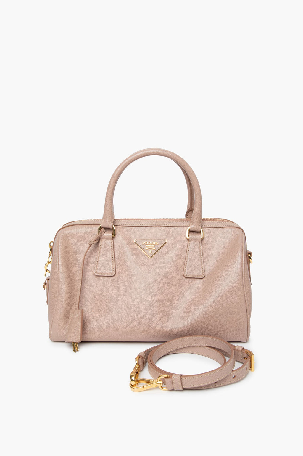 Prada Taupe Saffiano Bowler Bag With Strap