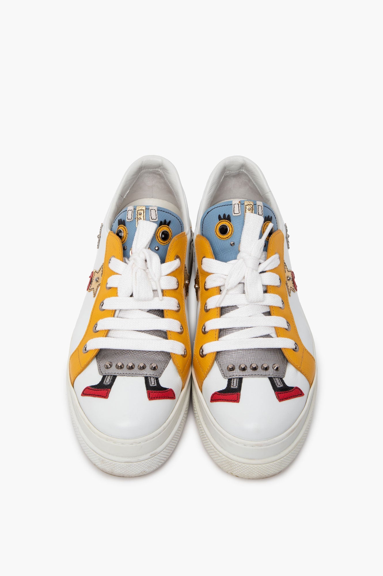 Prada White Leather Robot Applique Platform Sneakers Size 39