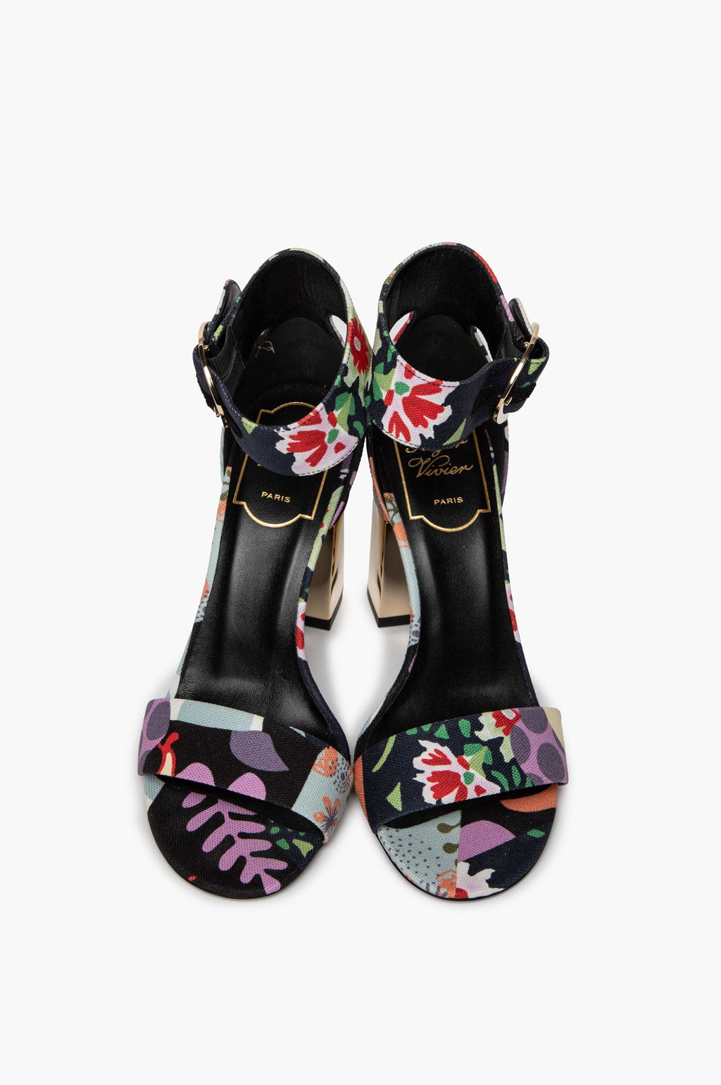 Roger Vivier Floral Canvas Gold Block Heel Podium Sandals Size 36
