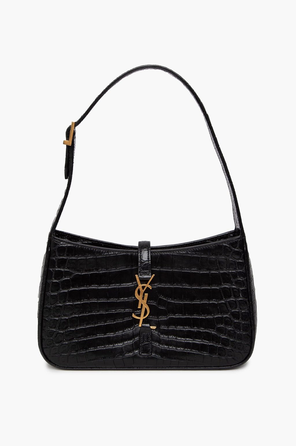 Saint Laurent Black Croc Embossed Shiny Leather Hobo Bag