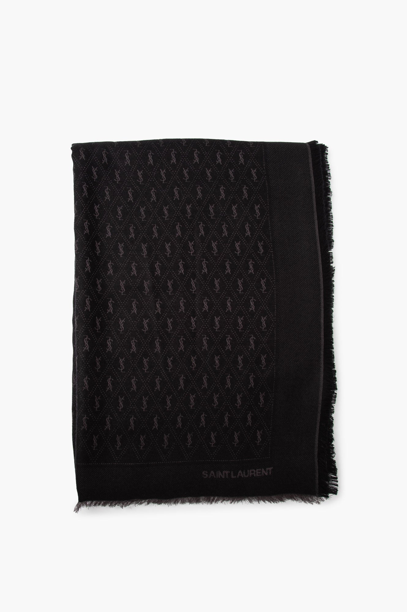 Saint Laurent Grey/Black Wool Blend Monogram Maxi Scarf