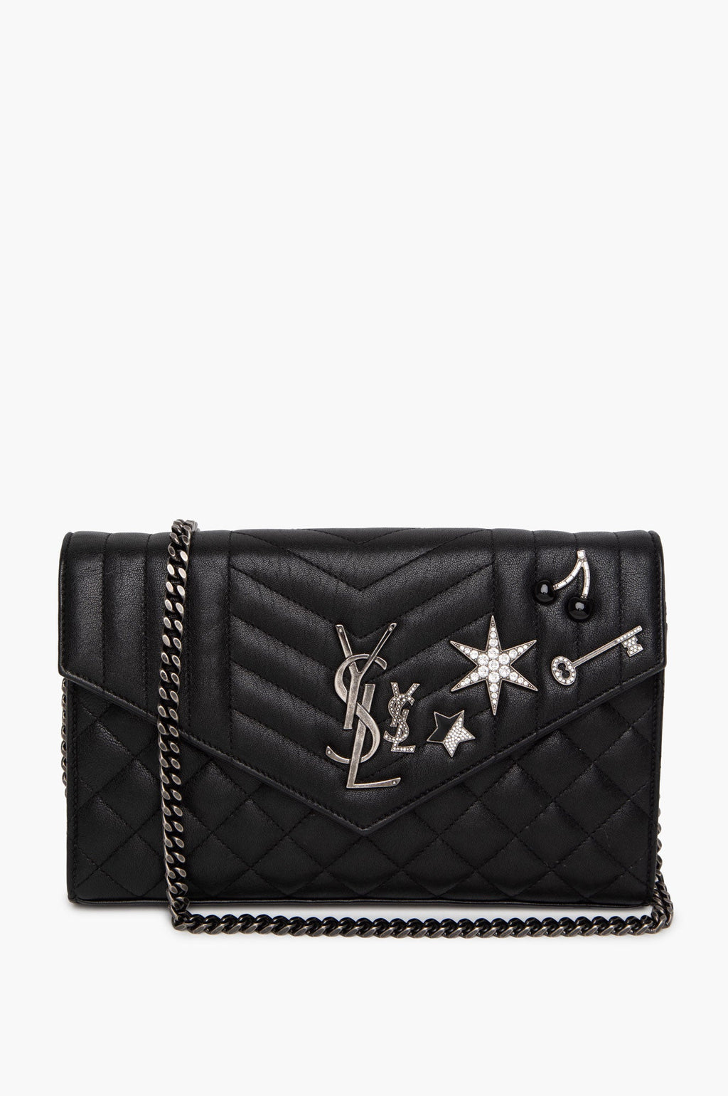 Saint Laurent Limited Edition Black Quilted Leather Embellished Monogramme Envelope Chain Wallet