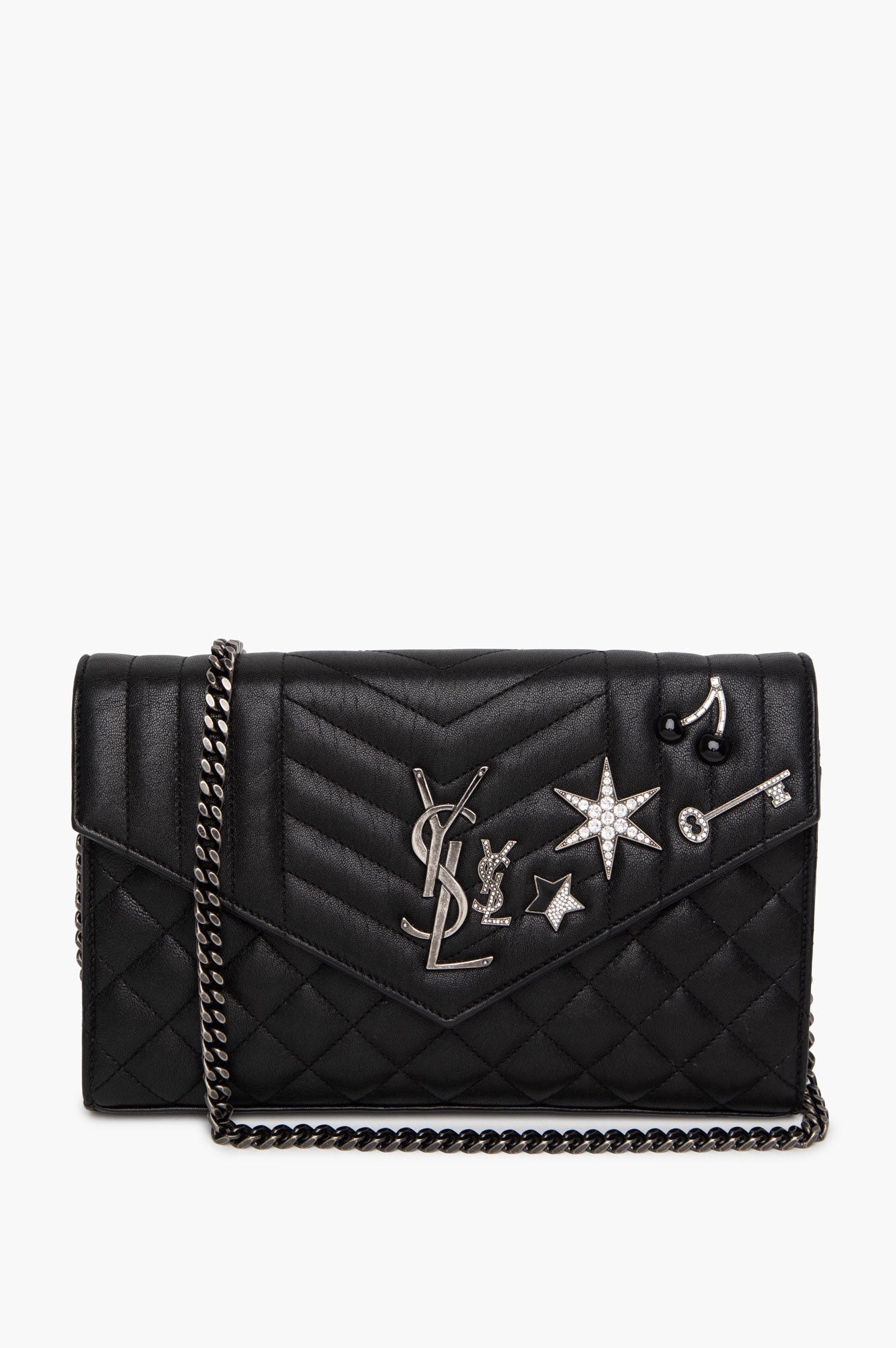 Saint Laurent Limited Edition Black Quilted Leather Embellished Monogramme Envelope Chain Wallet