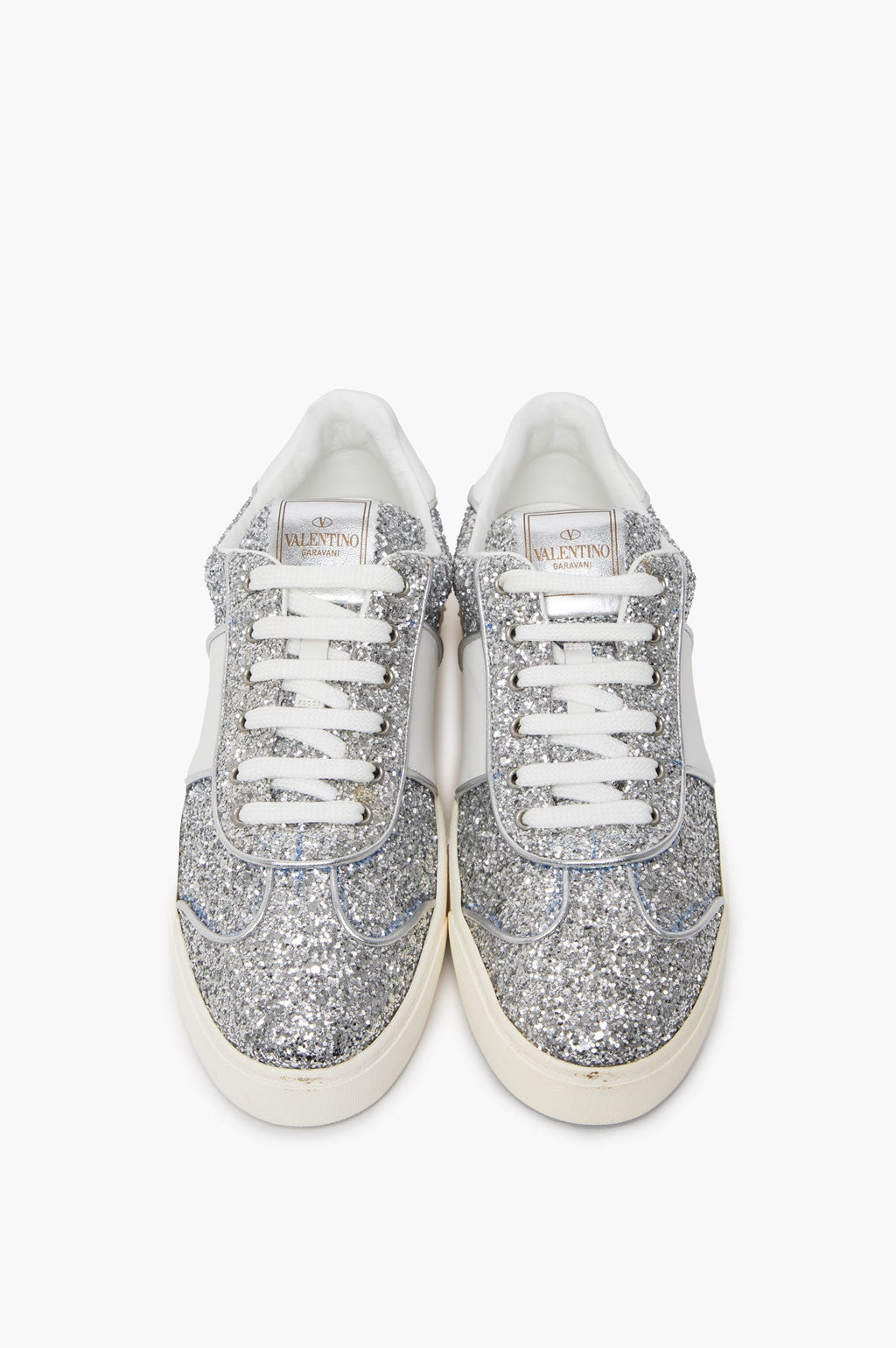 Valentino Silver Fly Crew Glitter Sneakers Size 37