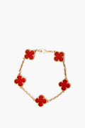 Van Cleef & Arpels 18K Yellow Gold & Carnelian Vintage Alhambra 5 Motif Bracelet