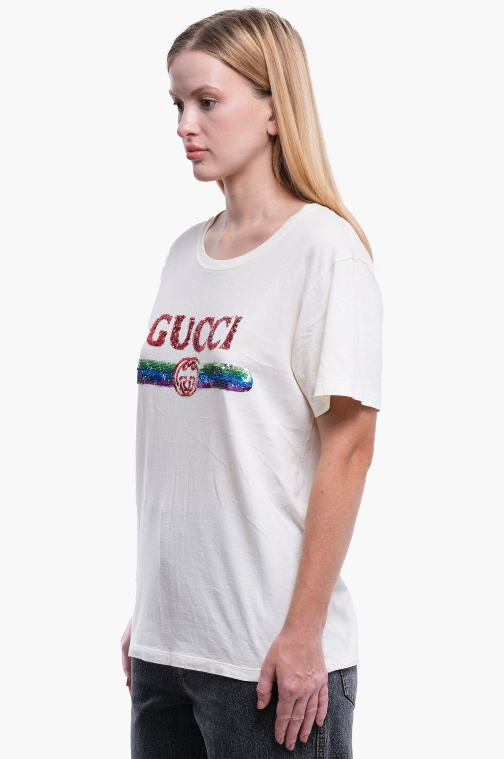 Gucci Beige Sequin Vintage Logo T-Shirt Size XS
